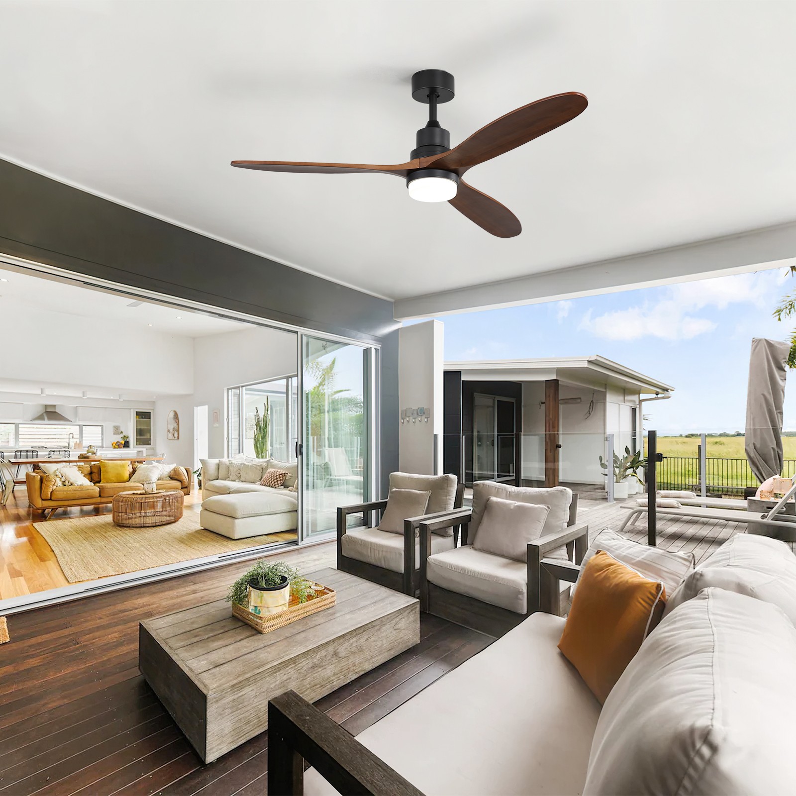 60" Ceiling Fan With Lights 3 Solid Wood Fan Blade Noiseless Reversible Motor
