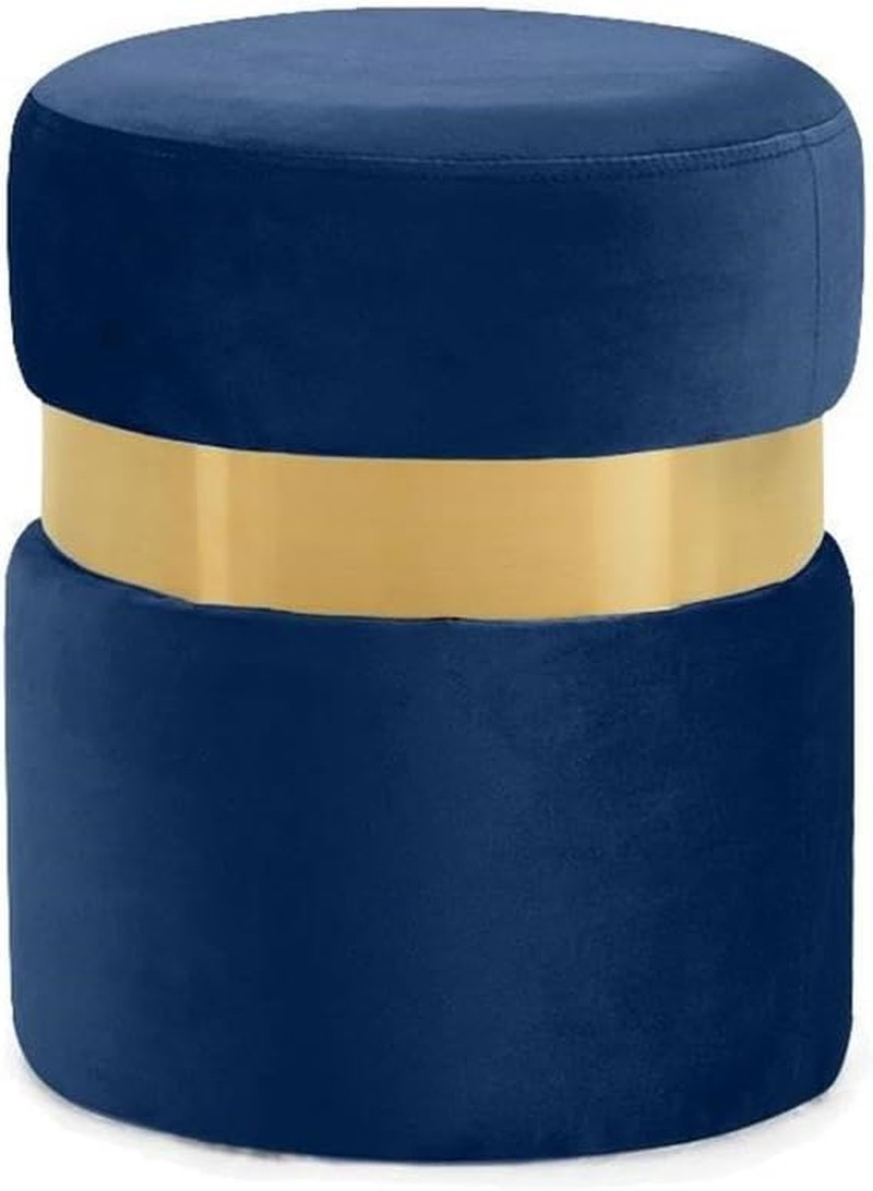 Navy Velvet Ottoman with Stainless Steel Band - Modern Contemporary Style