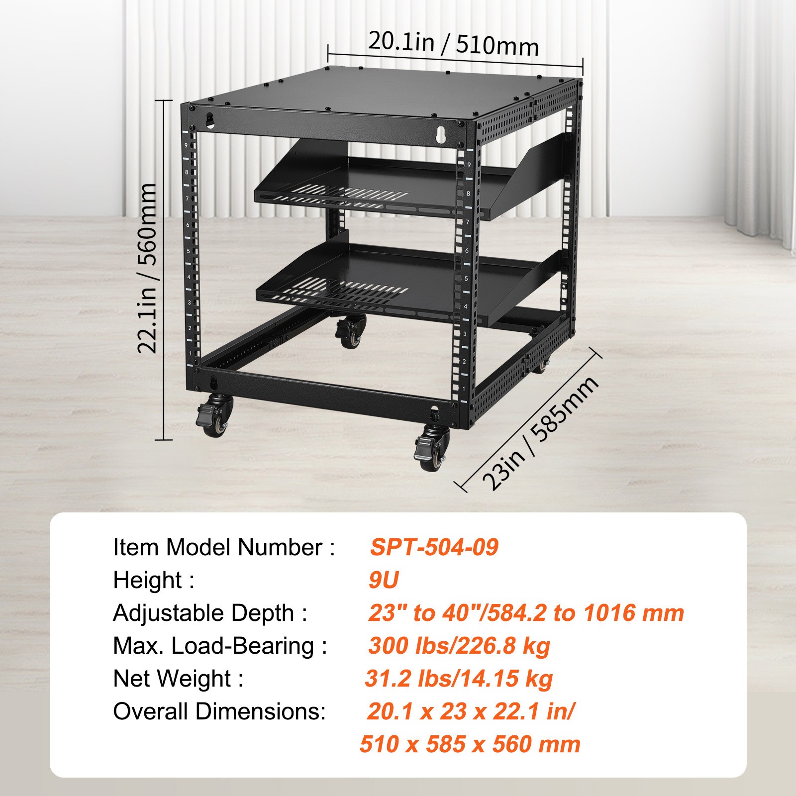 Uimoso 9U Adjustable 4-Post Open Frame Server Rack for Network Equipment