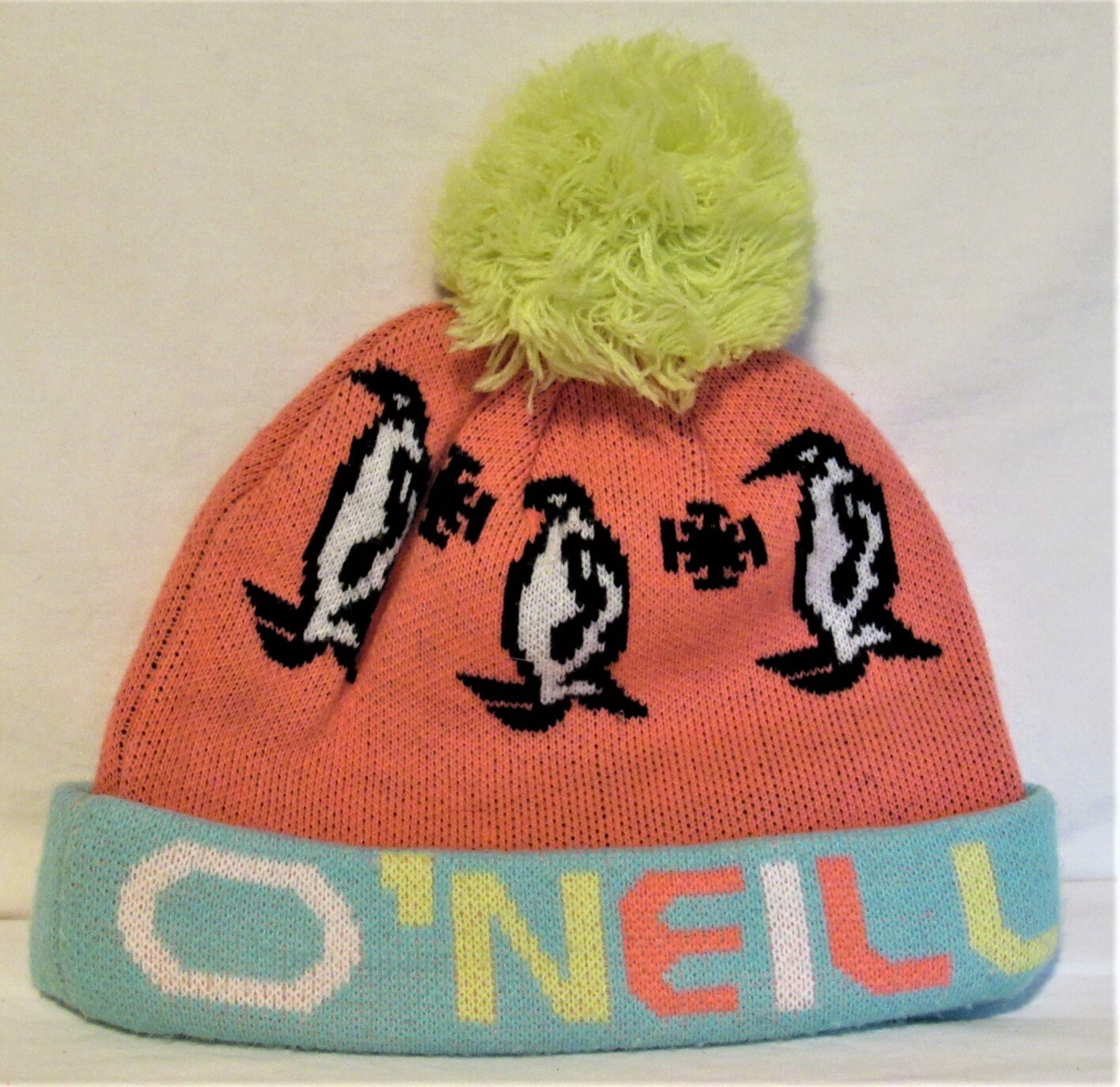 O'NEILL  Knit Salmon/Blue/Pink Beanie with Penguins
