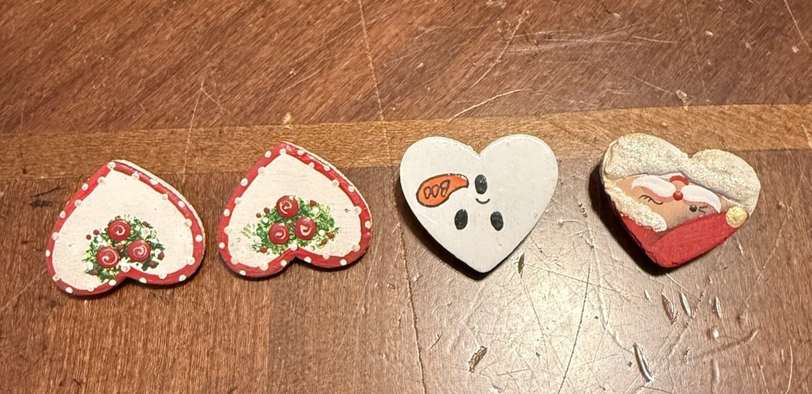 Vintage Four Wooden Heart Shaped Hand Painted Santa, Ghost, Flowers With Clips