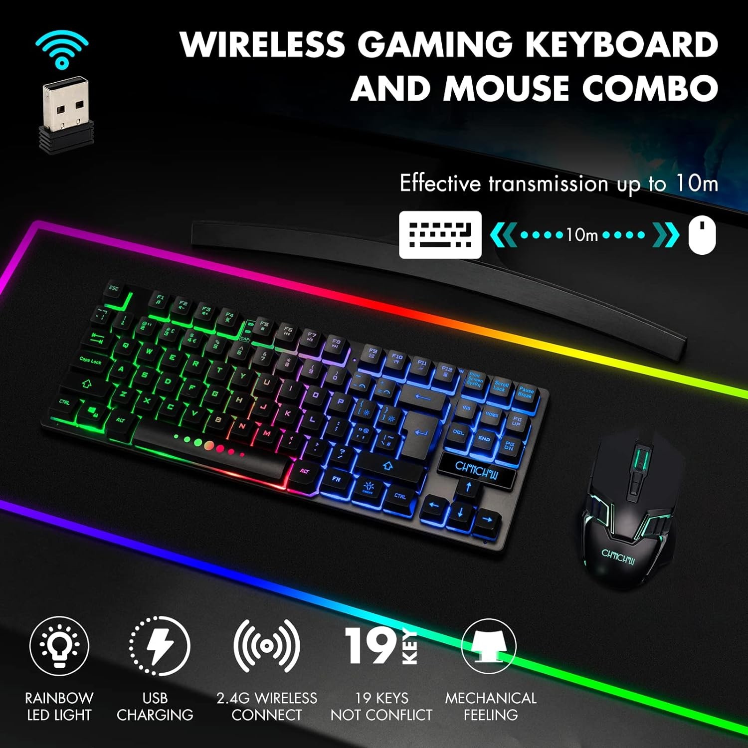 Gaming Wireless TKL Keyboard Mouse Combo Rechargeable LED Backlit Tenkeyless ...
