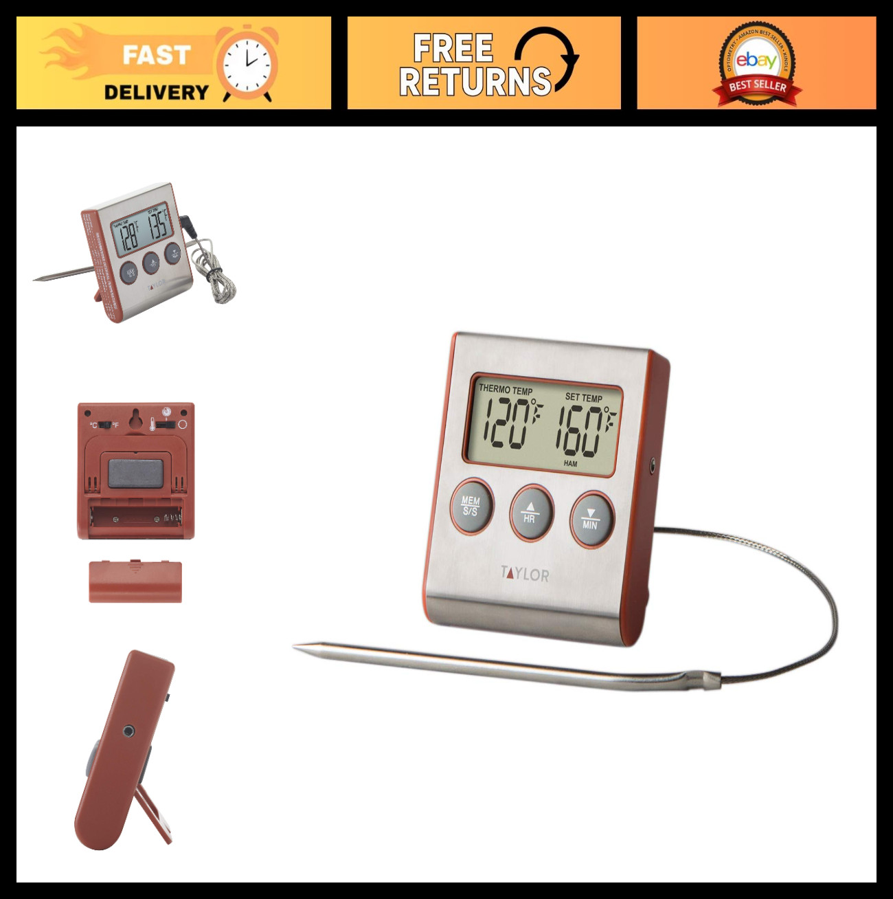 Instant Read Digital Meat Thermometer with Timer Alarm - BBQ Grill Cooking Tool