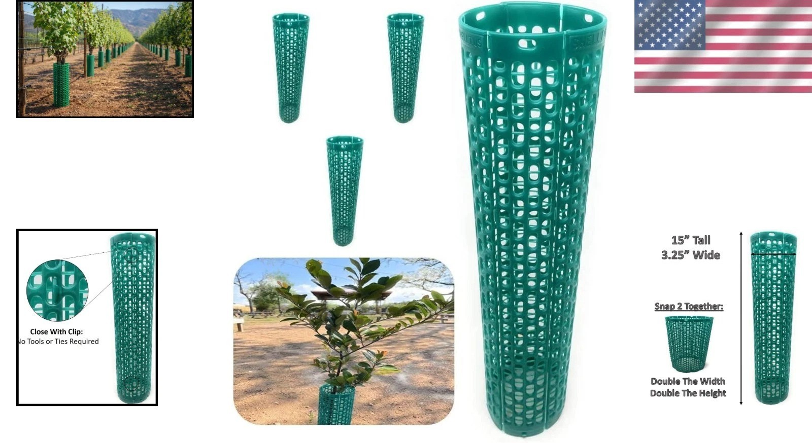 Tall 15" Green Tree Trunk Guards, 60pc, Stackable, Airflow, Weed Eater Proof