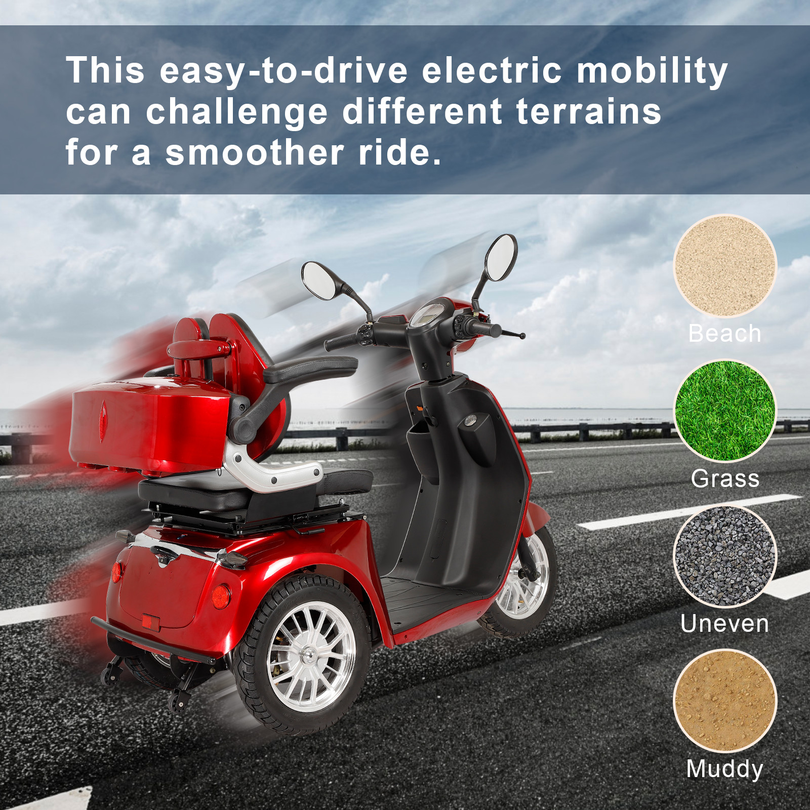 800W 60V20Ah 3-Wheel Travel Electric Mobility Scooter 3-Speed for Seniors 350LBS