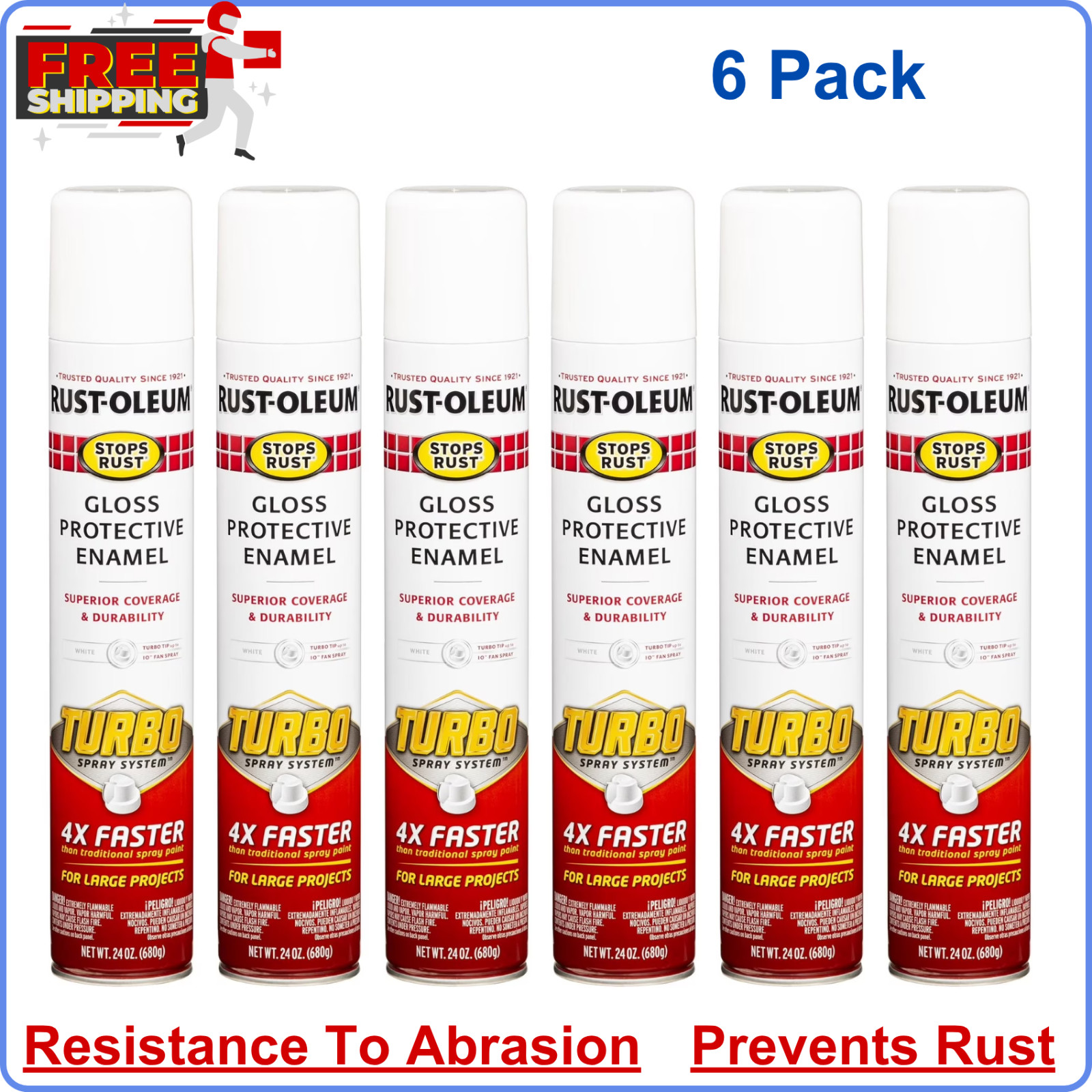 (6 Pack) White, Rust-Oleum Stops Rust Turbo Gloss Protective Enamel Spray Paint