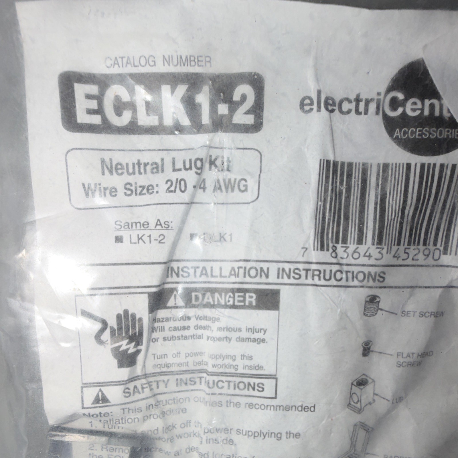 electriCenter ECLK1-2 Neutral Lug Kit 2/0-4 AWG, Branch Circuit, Rectangular