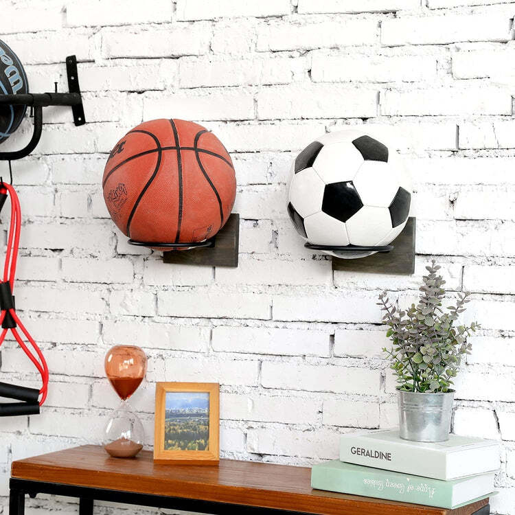 Gray Wood & Black Metal Wall Mounted Sports Ball Holder, Ball Storage, Set of 2
