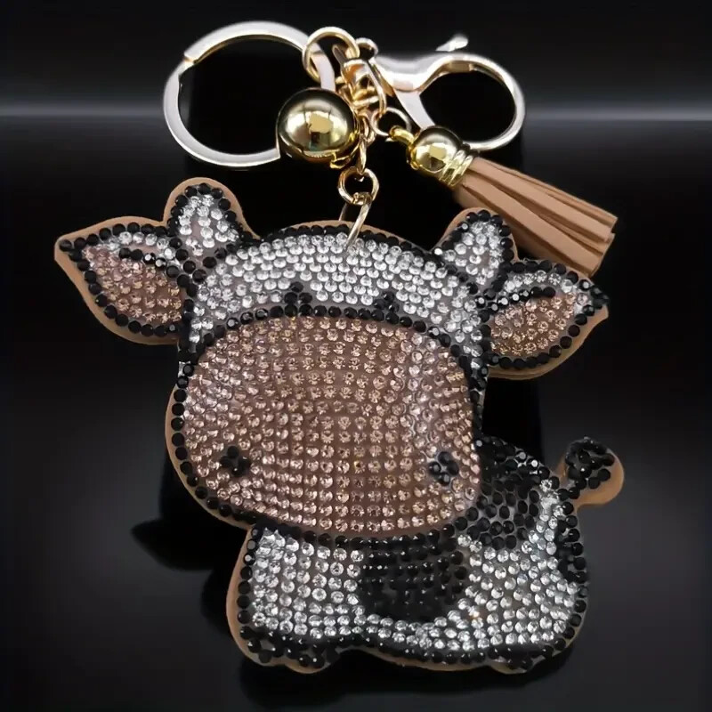 Cartoon COW Keychain Rhinestone Animal Pet Dog Key Chain with tassel NEW