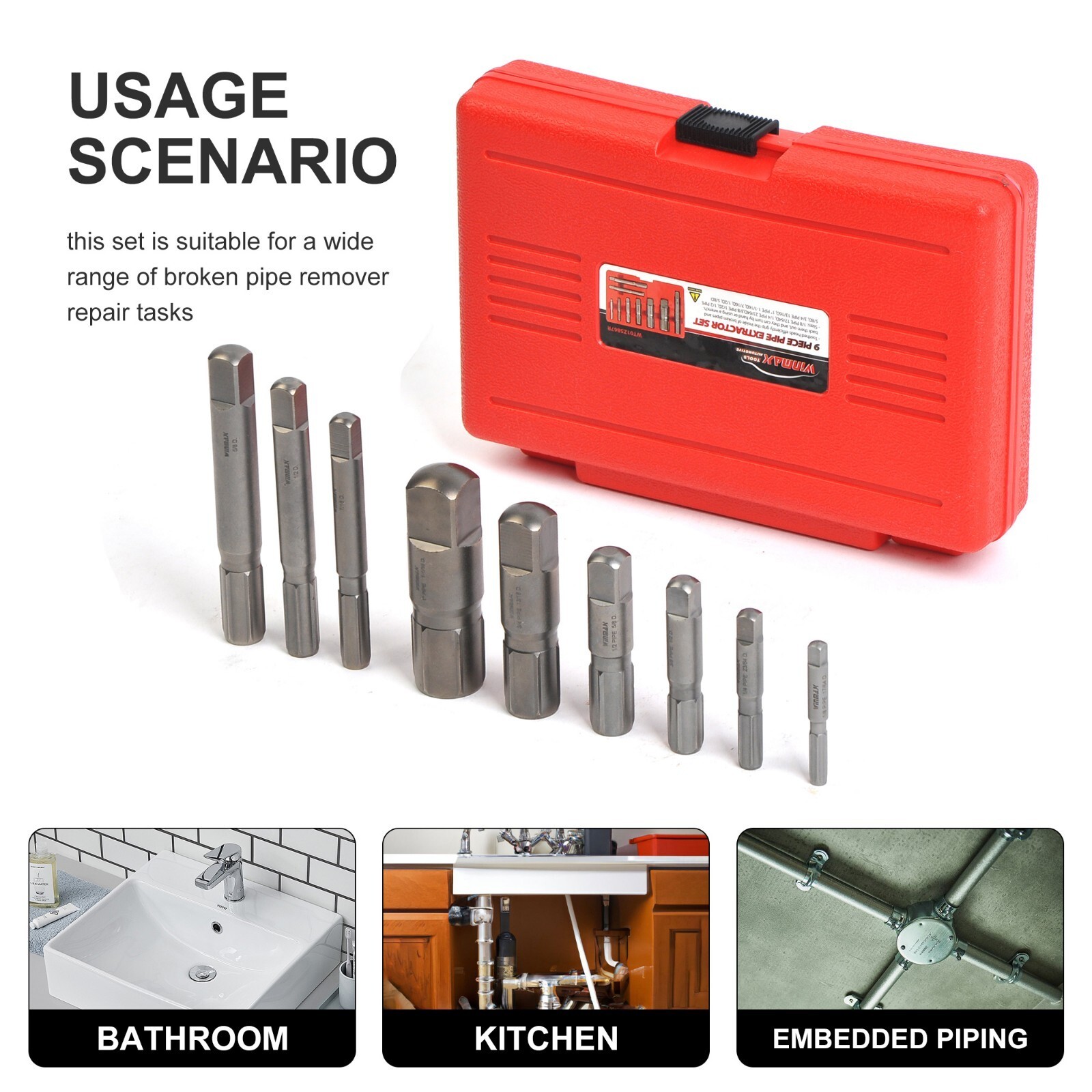 9 Piece Pipe Extractor Set Broken Pipe Extractors 1/8 to 1 Inch Size Range