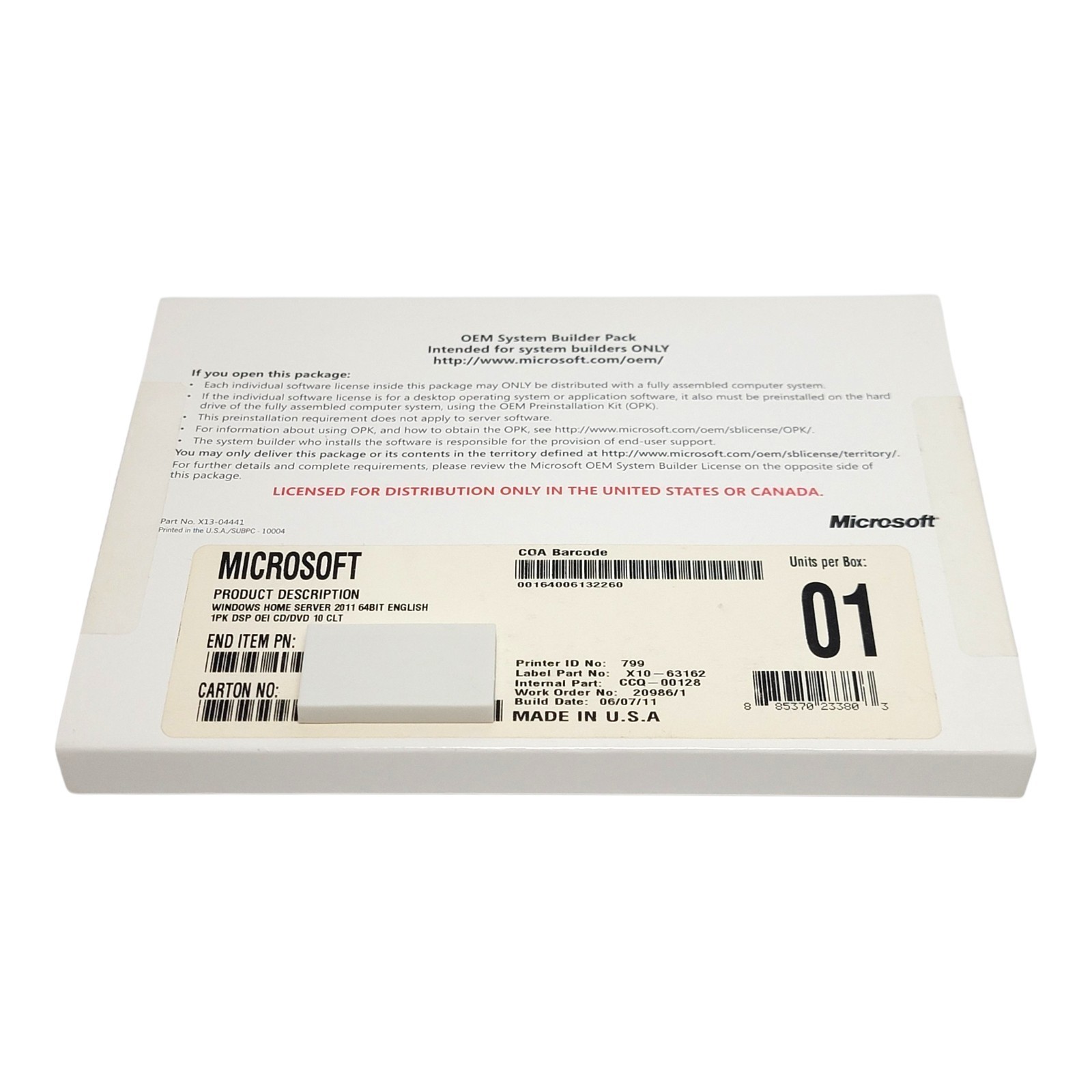 Microsoft Windows Home Server 2011 64 Bit 1PK DSP OEI CD/DVD 10 CLT Kit NEW