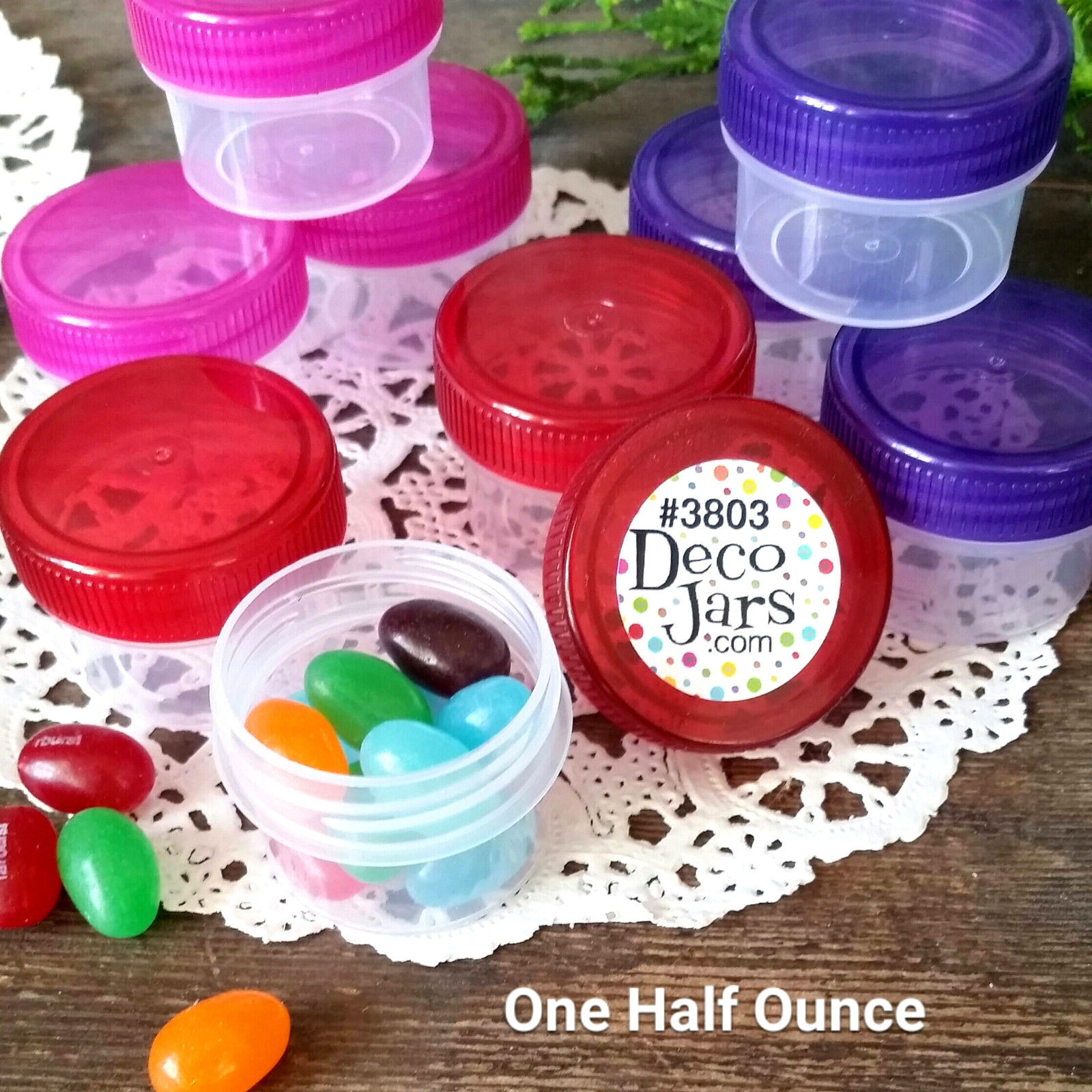 12 Clear Jars Purple Pink Red Caps Small Plastic Containers 1Tbl .5 oz #3803 USA