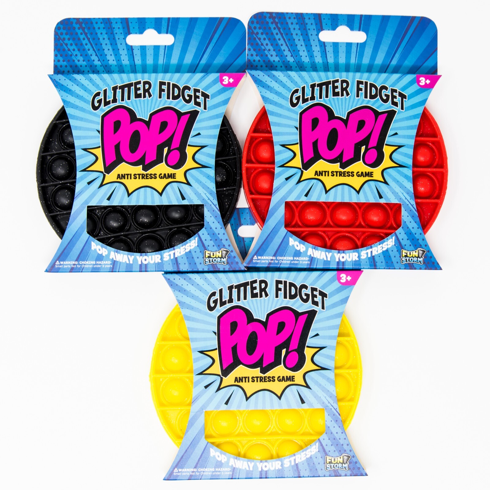 Fun Storm Fidget Pop Glitter Version Circle Red Black Yellow 3 Pack