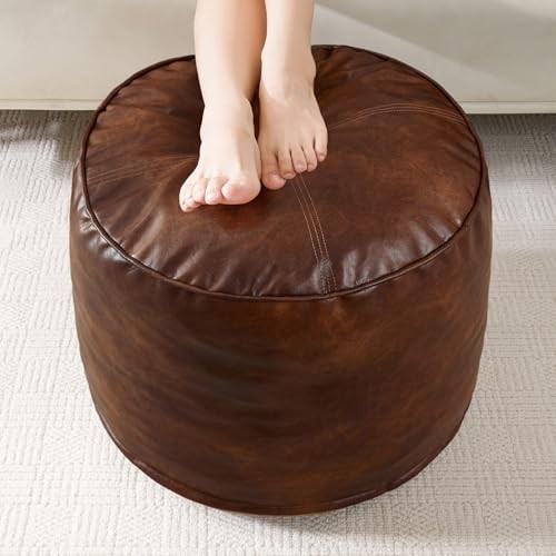 Round Stuffed Pouf Ottoman, Pu Leather Poufs with Foam 20 inch Dark Brown