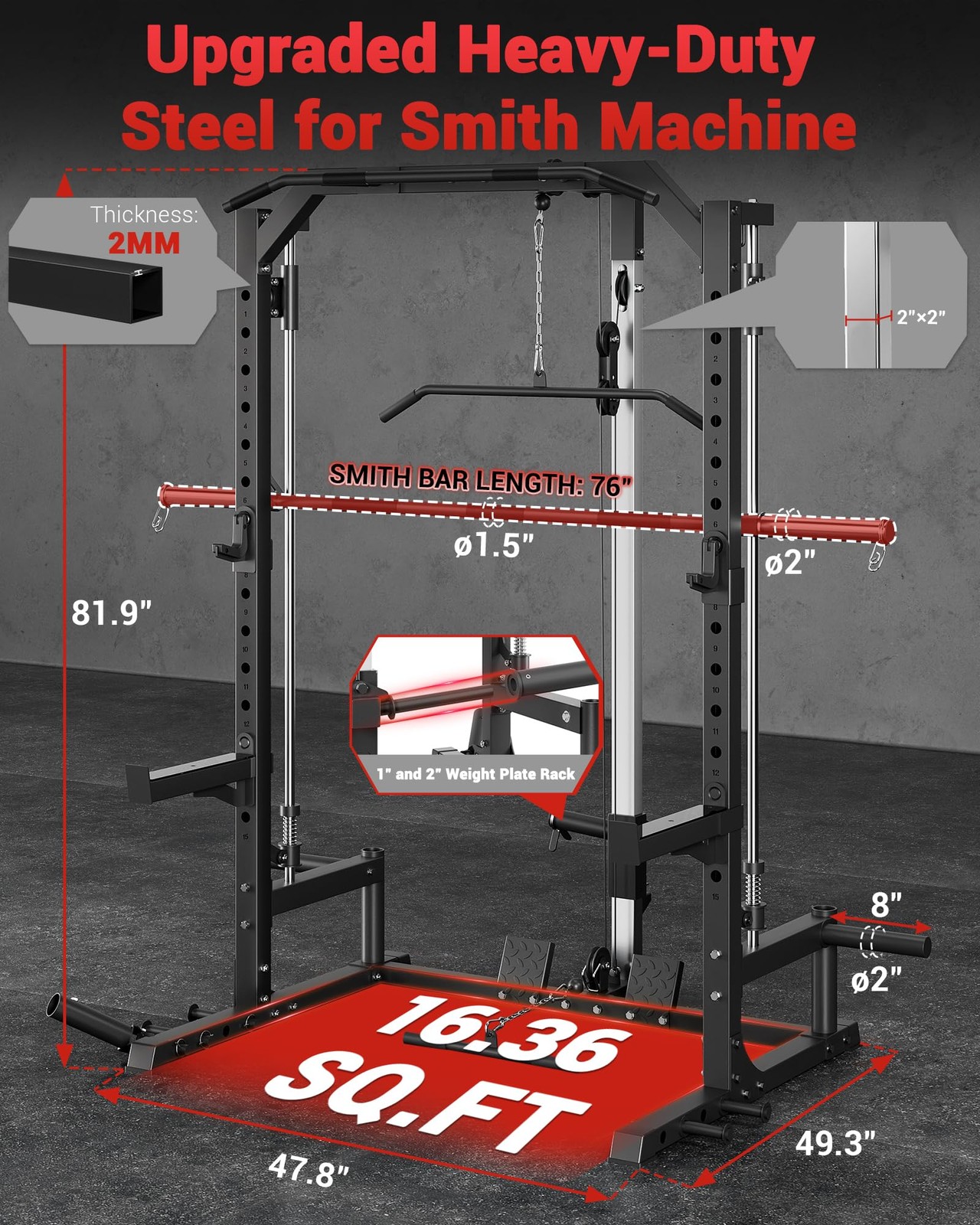 Smith Machine Power Cage w/ Barbell Bar, Cable System, LAT Pulldown for Home Gym