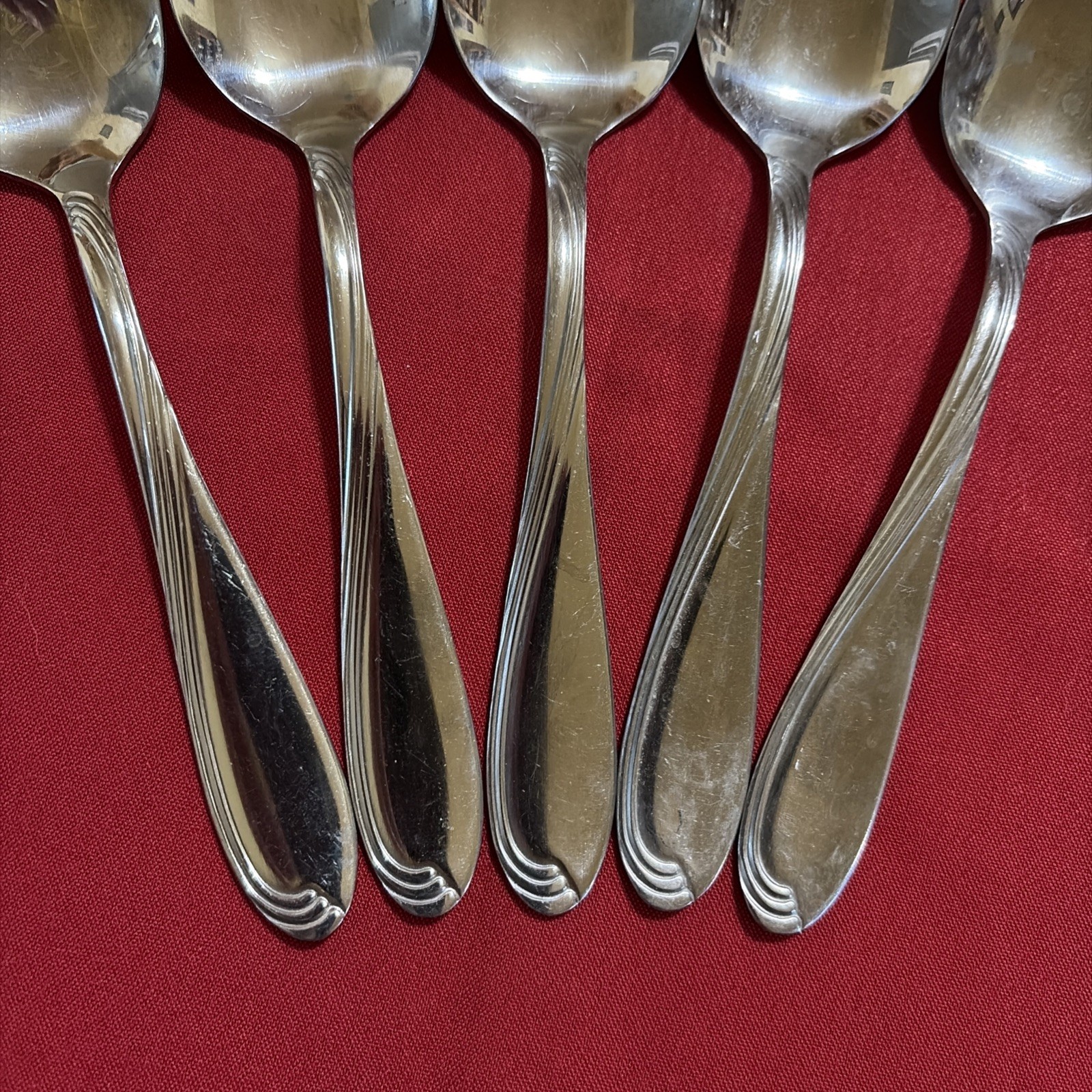 5 Oneida Camber Cresta Windswept Scroll Oval Soup Spoons Stainless Flatware 7.25