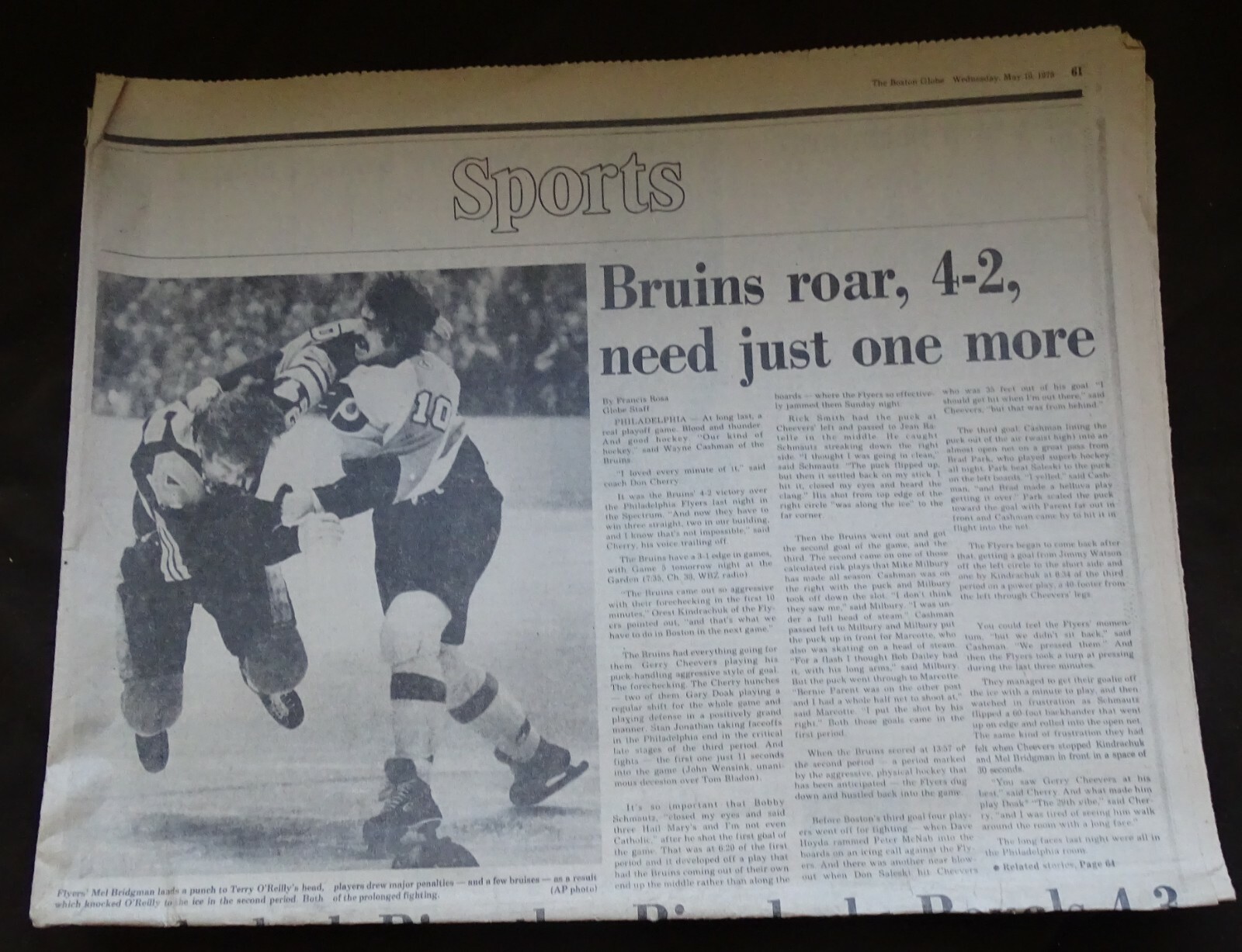 May 18, 1978 Boston Globe Sports BRUINS ROAR need one more TERRY O'REILLY Flyers