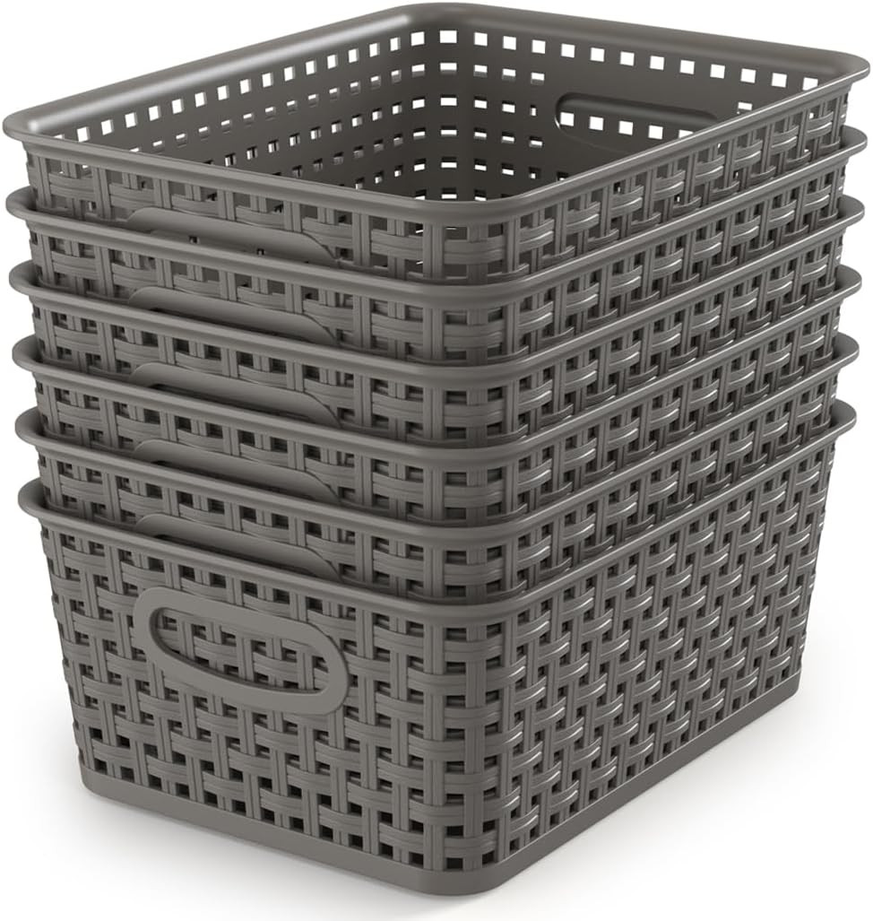 Weave Storage Organizer Baskets, Grey 6-Pack Plastic Woven Baskets, 10.1" x 7.55