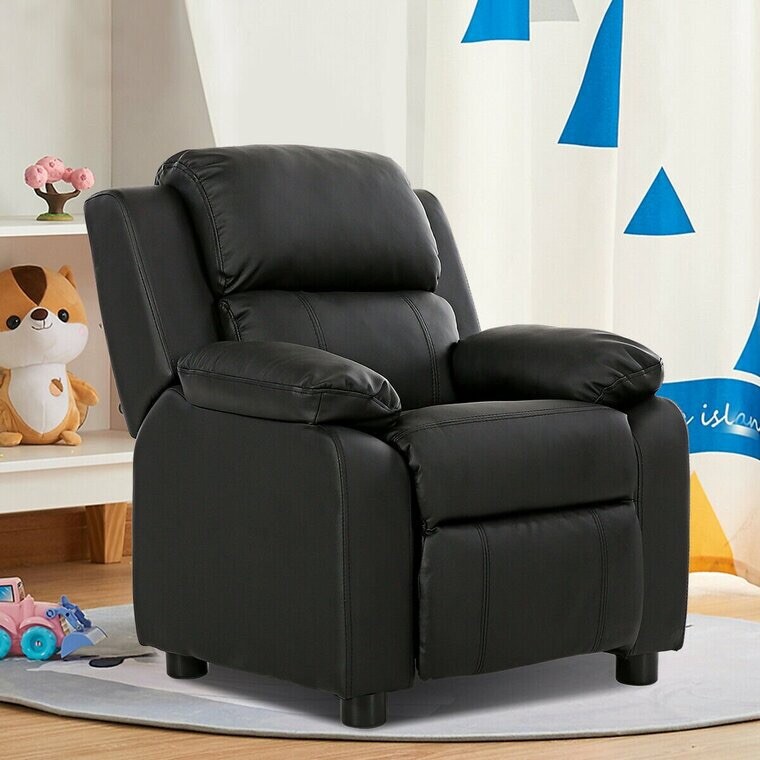 Kids Deluxe Headrest Recliner Sofa Chair With Storage Arms-Black HW56511BK
