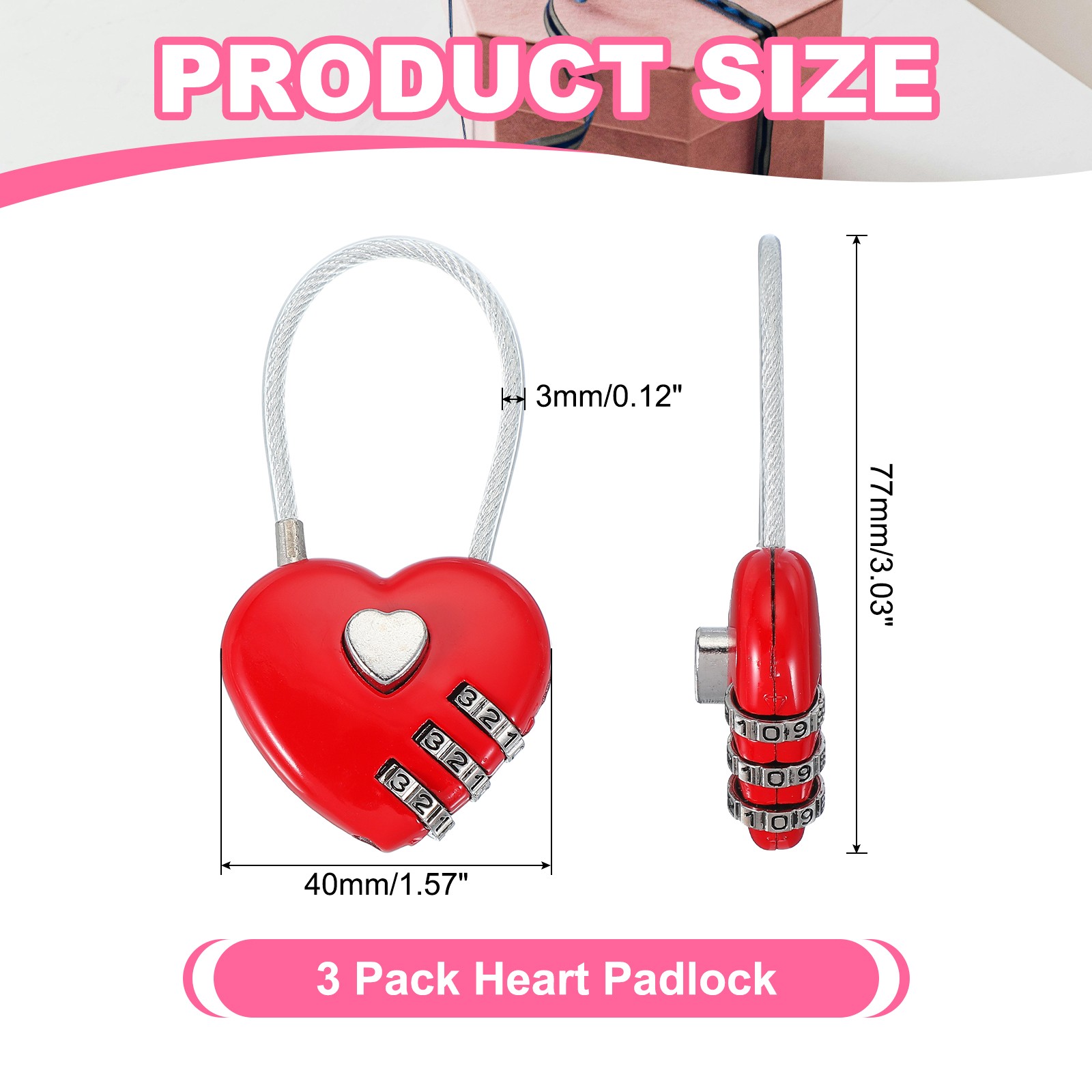 3 Pack Heart Padlock Heart Shape Love Lock Combination Lock Locker Locks Red