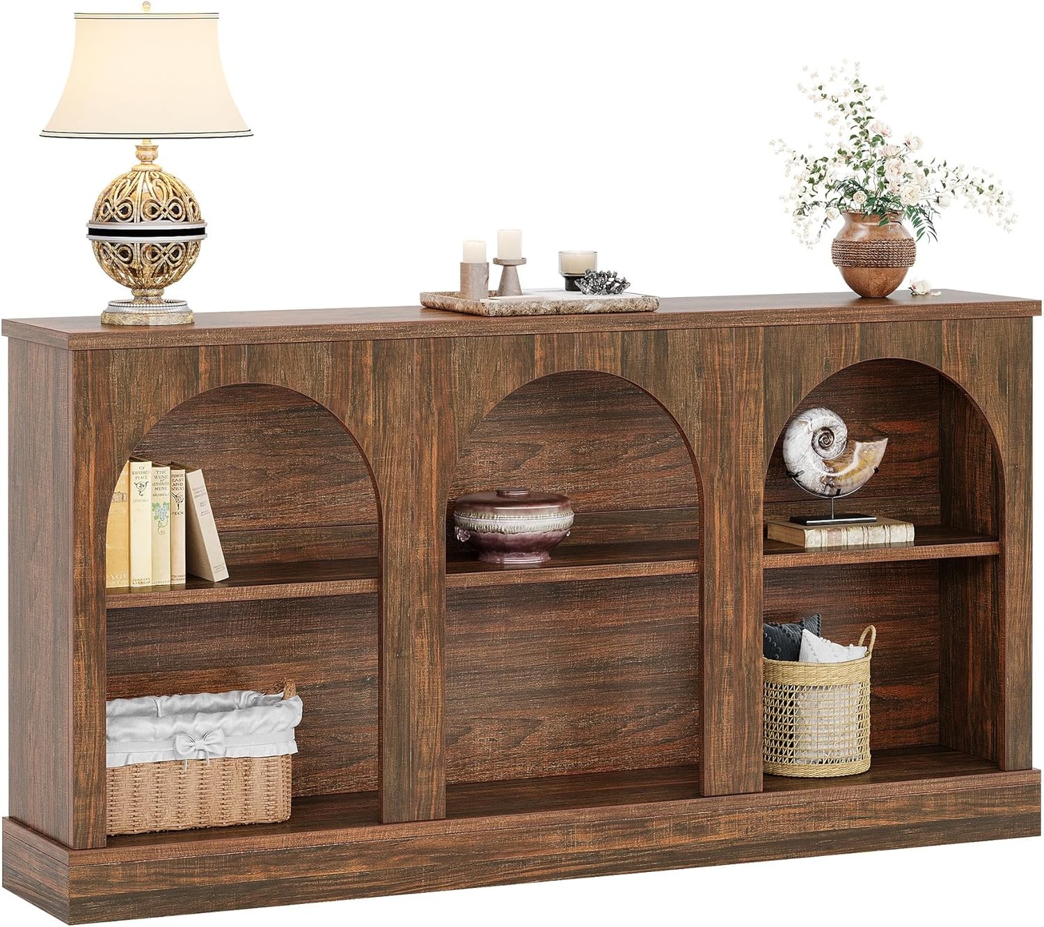 63-Inch Farmhouse Console Table, Rectangular Wooden Entryway Table with Storage