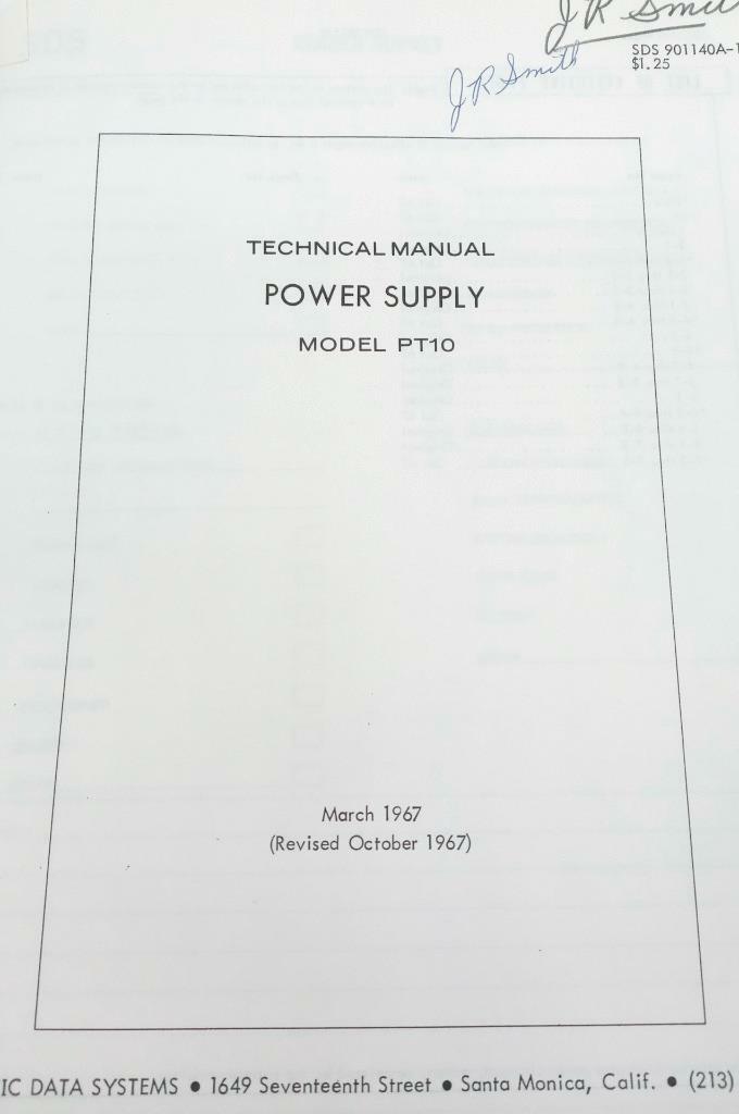 Scientific Data Systems Model PT10 Power Supply Technical Manual