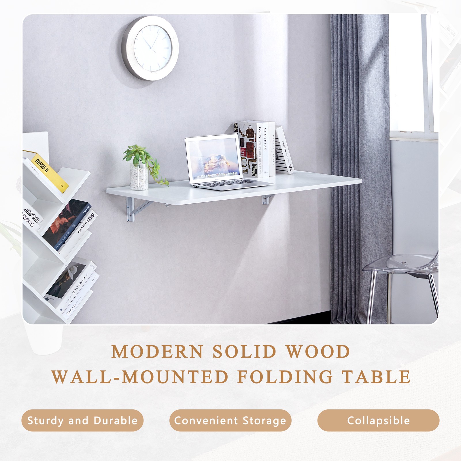 Wall Mounted Folding Table, White Solid Wood, 31.4" x 15.7"