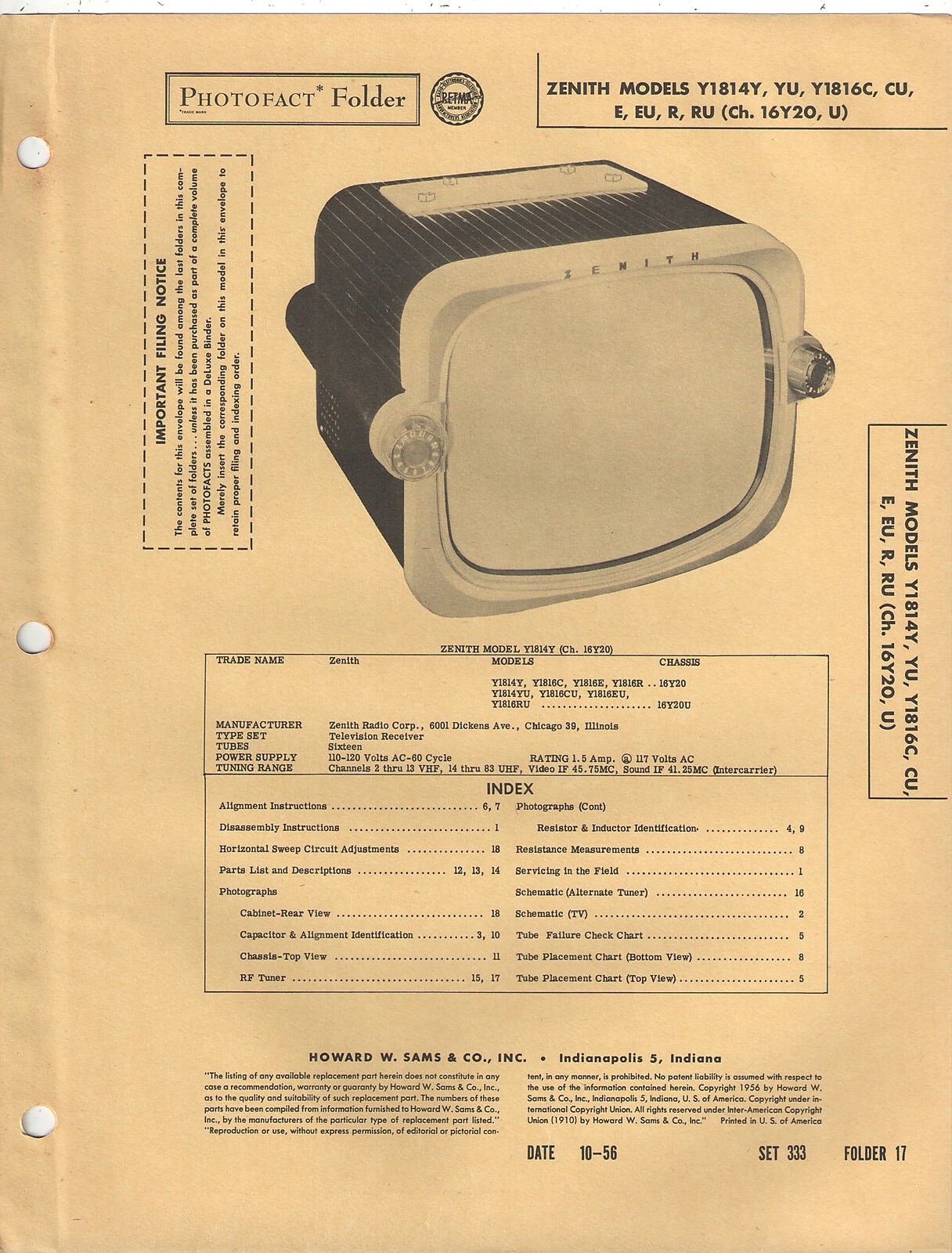 1956 SAMS PHOTOFACT ZENITH TV MODELS Y1814Y YU Y1816C CU E EU R RU {FREE SHIP}