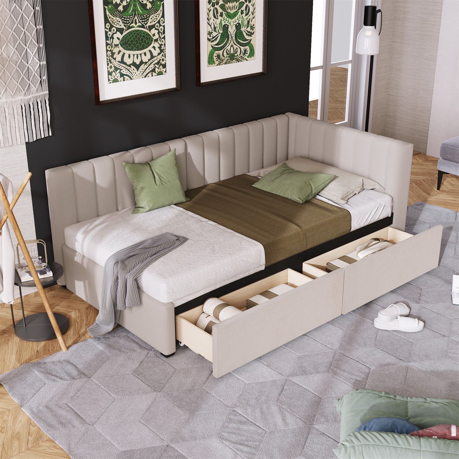 Twin Size Daybed with 2 Drawer Upholstered Bed Frame Sofa Bed with Storage Beige