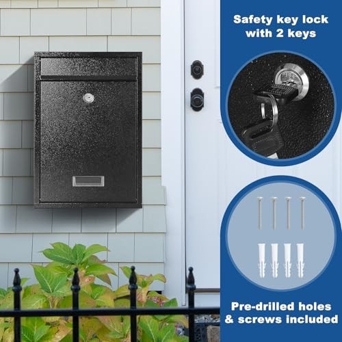 Locking Wall Mount Mailbox - Secure Key Drop Box for Letters, Cash & Cards, Stee