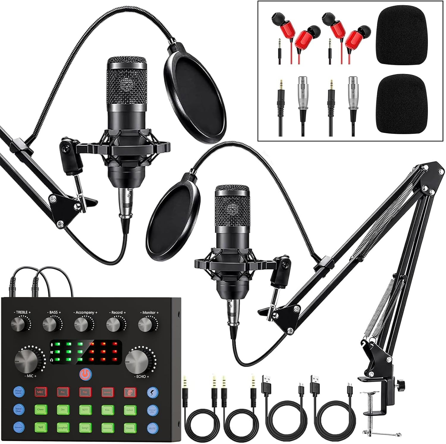 Podcast Equipment Bundle for 2, Audio Interface with Voice Changer Condenser Mic