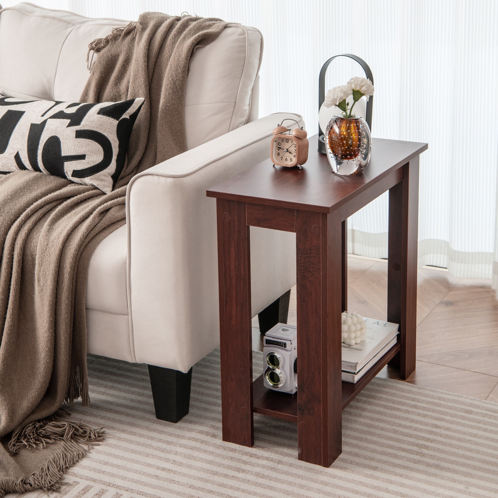 2 PCS End Table Sofa Bedside Table Compact Nightstand w/ Storage Shelf Espresso