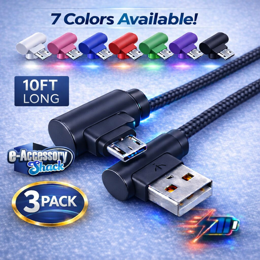 3 Pack 10ft 90 Right Degree Angle Fast Charge Micro USB Cable Power Cord Sync L