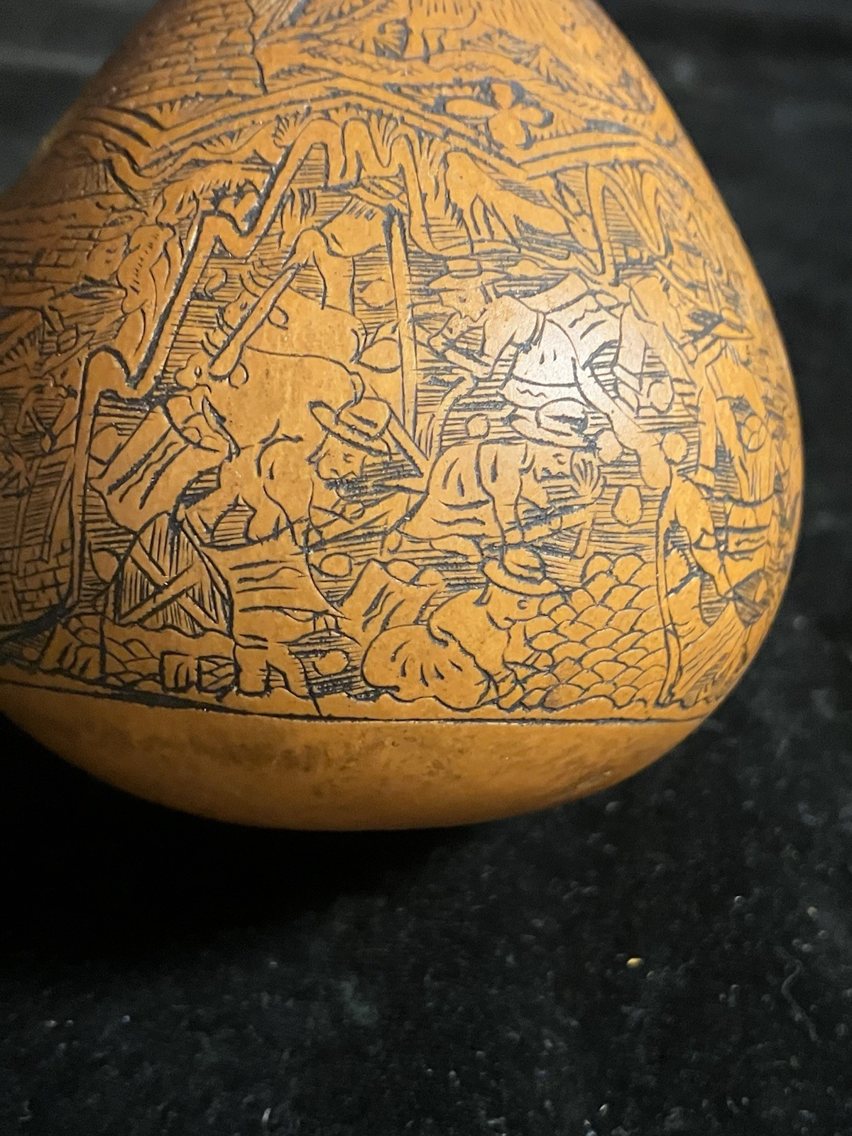 Peruvian Intricate Hand Fine Carved Etched Gourd Rattle Peruvian Culture Scenes