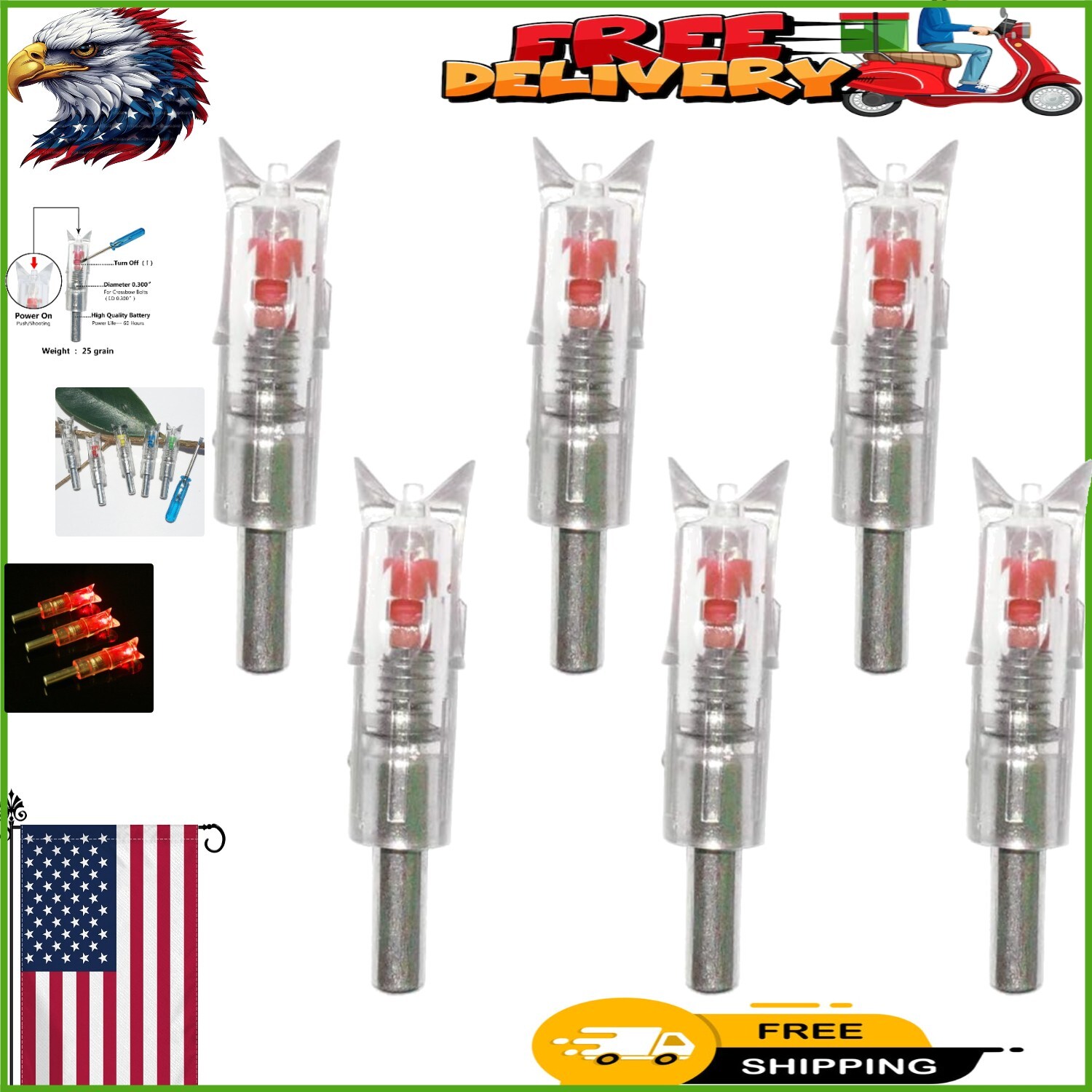 Long-Lasting Lighted Nocks for Crossbow - 6 Half Moon Style, .300'' I.D.