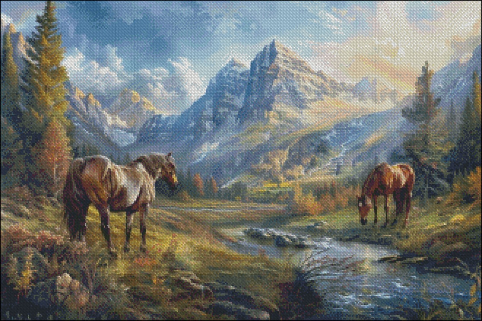 Horses Amidst Mountain Echoes - Chart Counted Cross Stitch Patterns Needlework