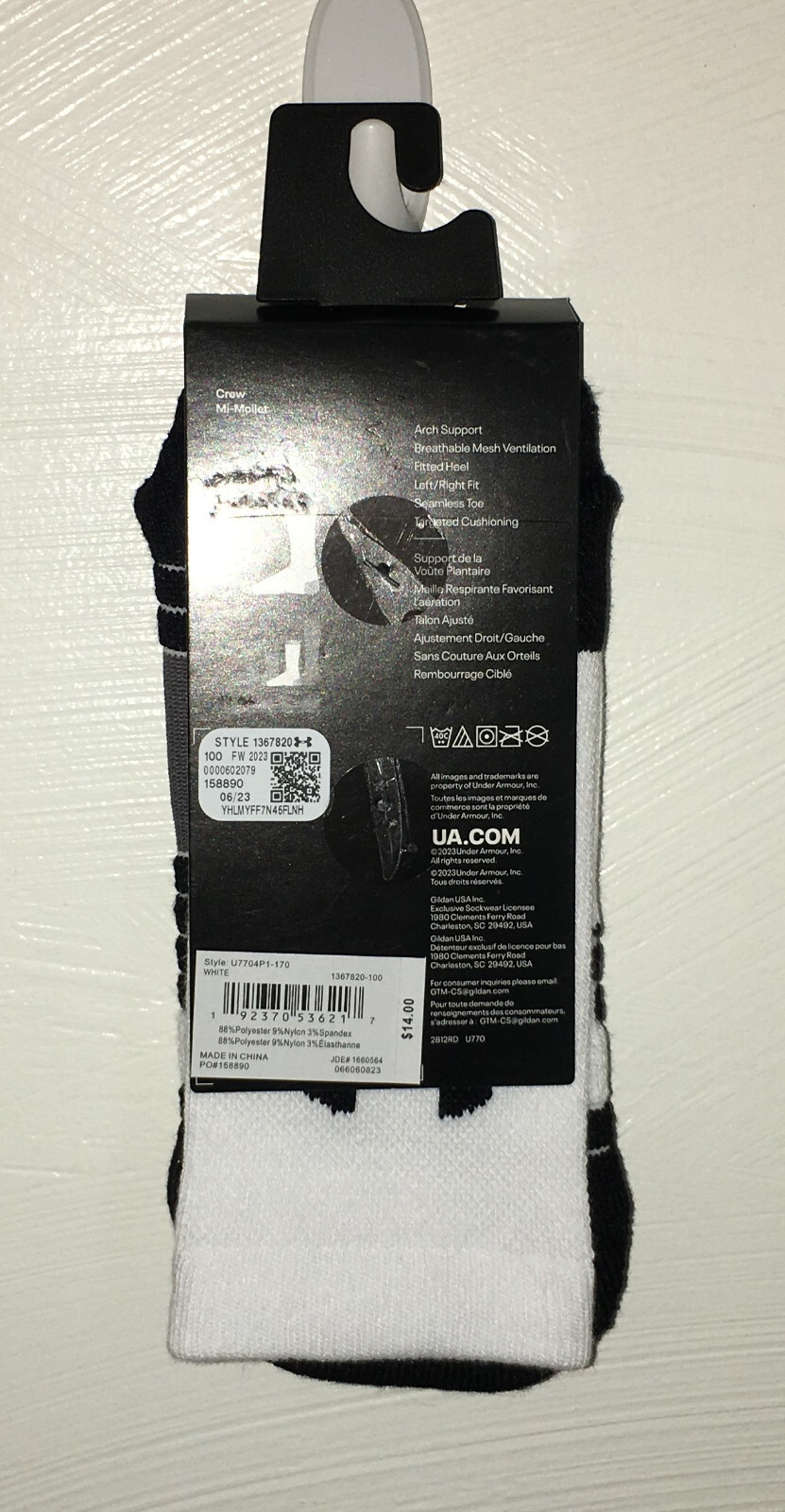 Men’s Under Armour UA Team Crew Socks Black White Size 7-8.5 New (1 Pair)