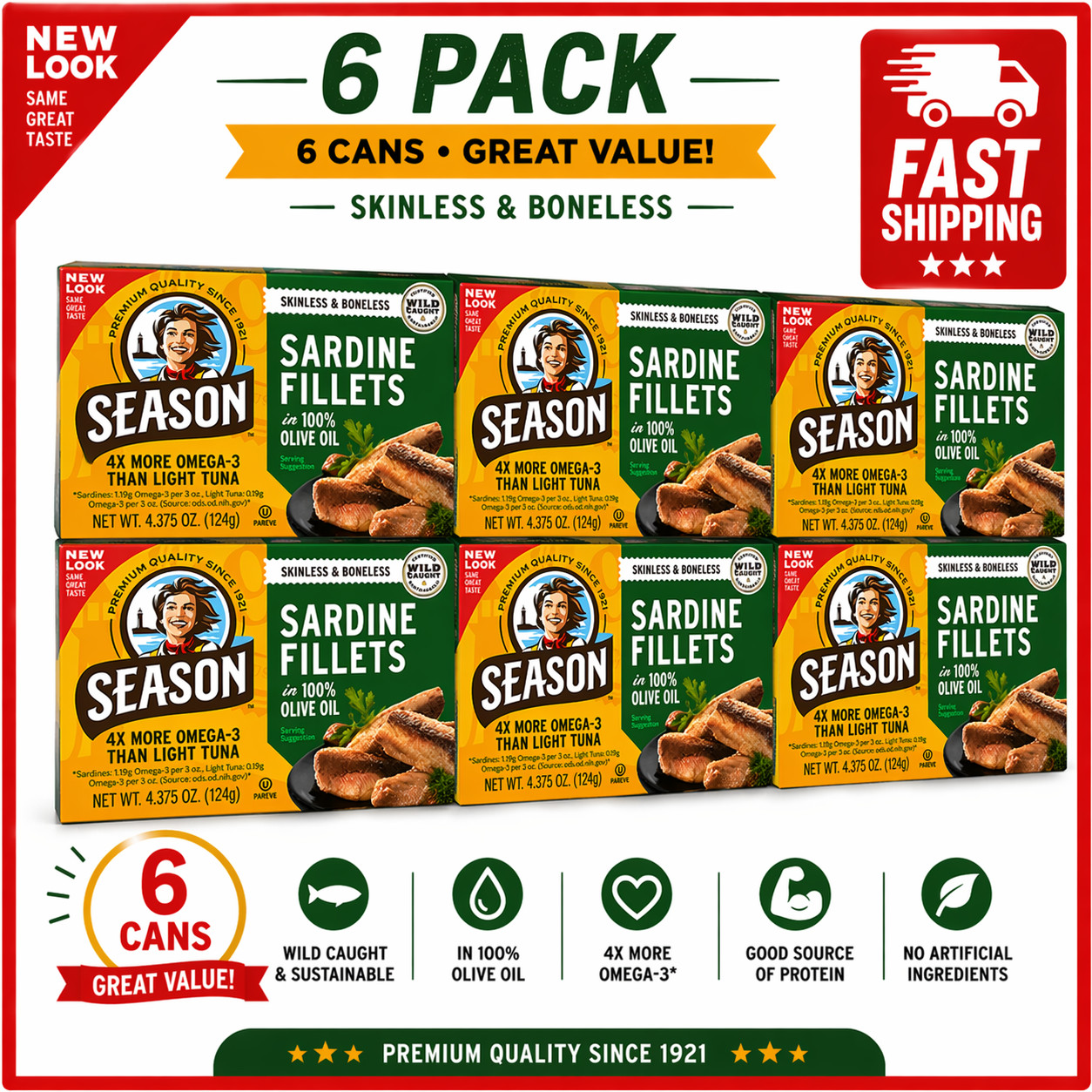 Season Sardine Fillets in Olive Oil Wild Caught 4.375Oz x 6 Zero sugar, wild