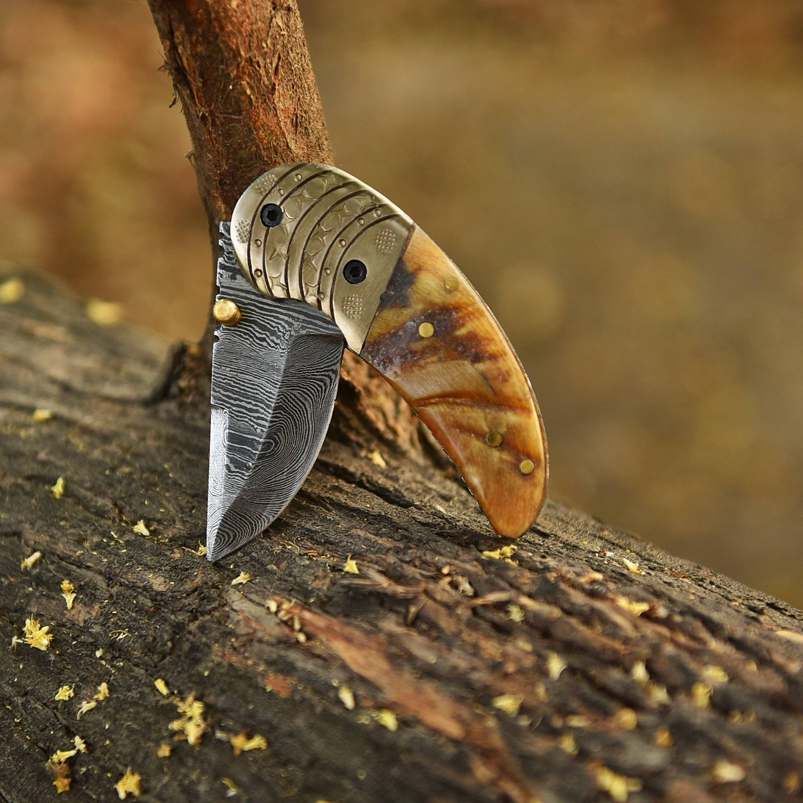 Mini Damascus Folding Blade Pocket knife Camping Tactical Knife Case- Ram Horn