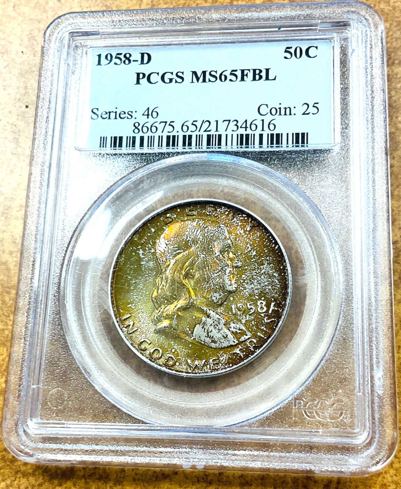 1958 D Franklin Silver Half Dollar PCGS MS65FBL  vivid Rainbow Toning