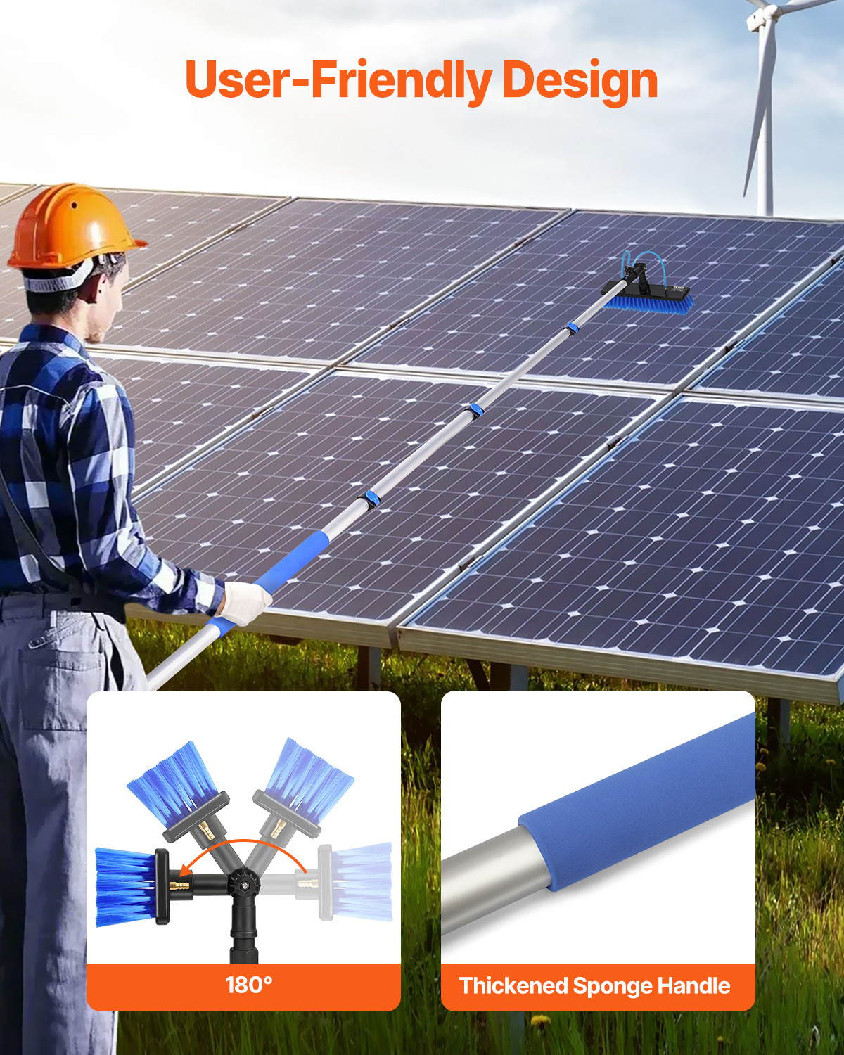 Water Fed Pole Kit 12FT Solar Panel Cleaning Pole 180° Rotatable Brush Head