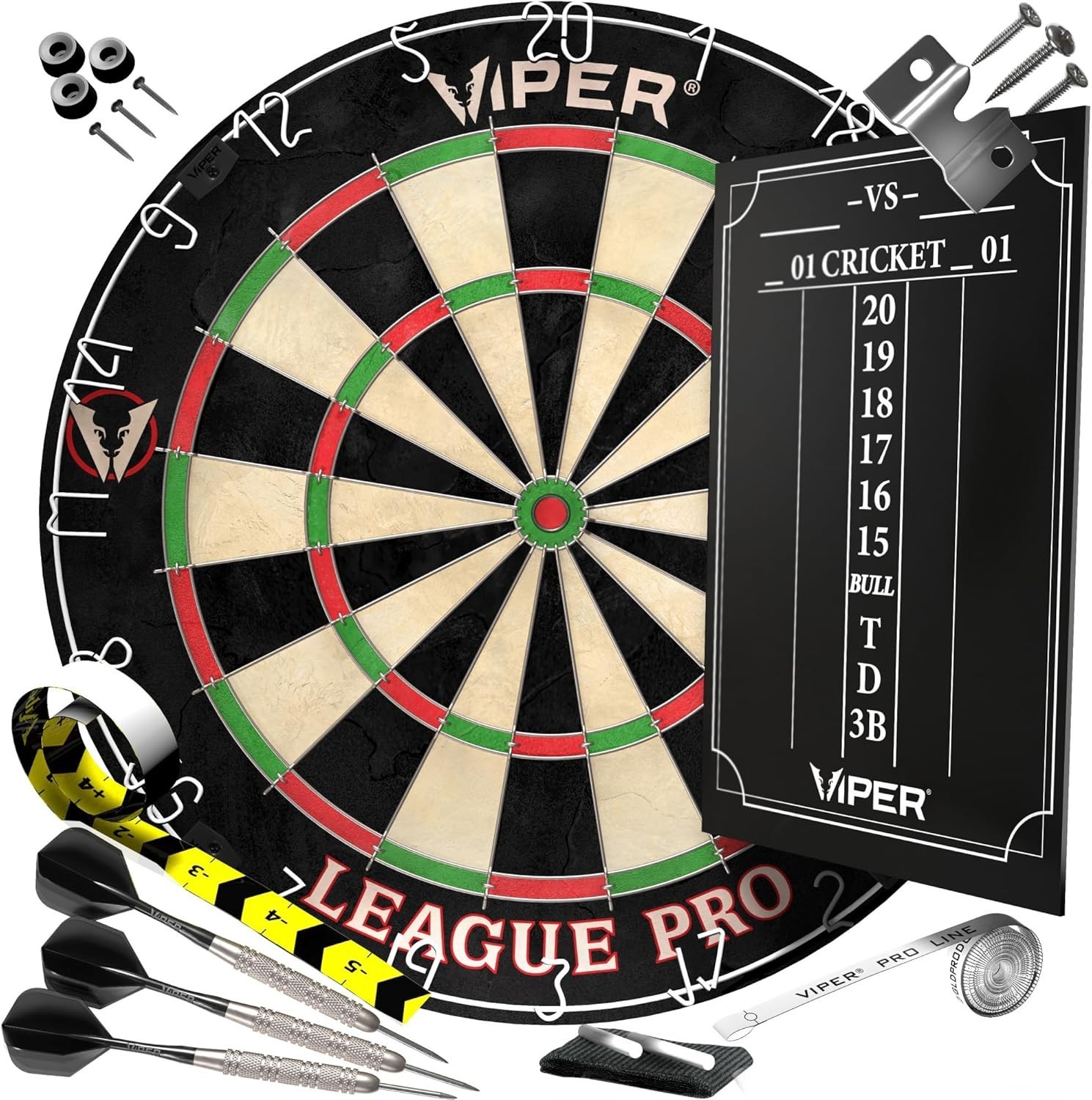 Viper League Pro Regulation Bristle Steel Tip Dartboard Starter Set with Stap...