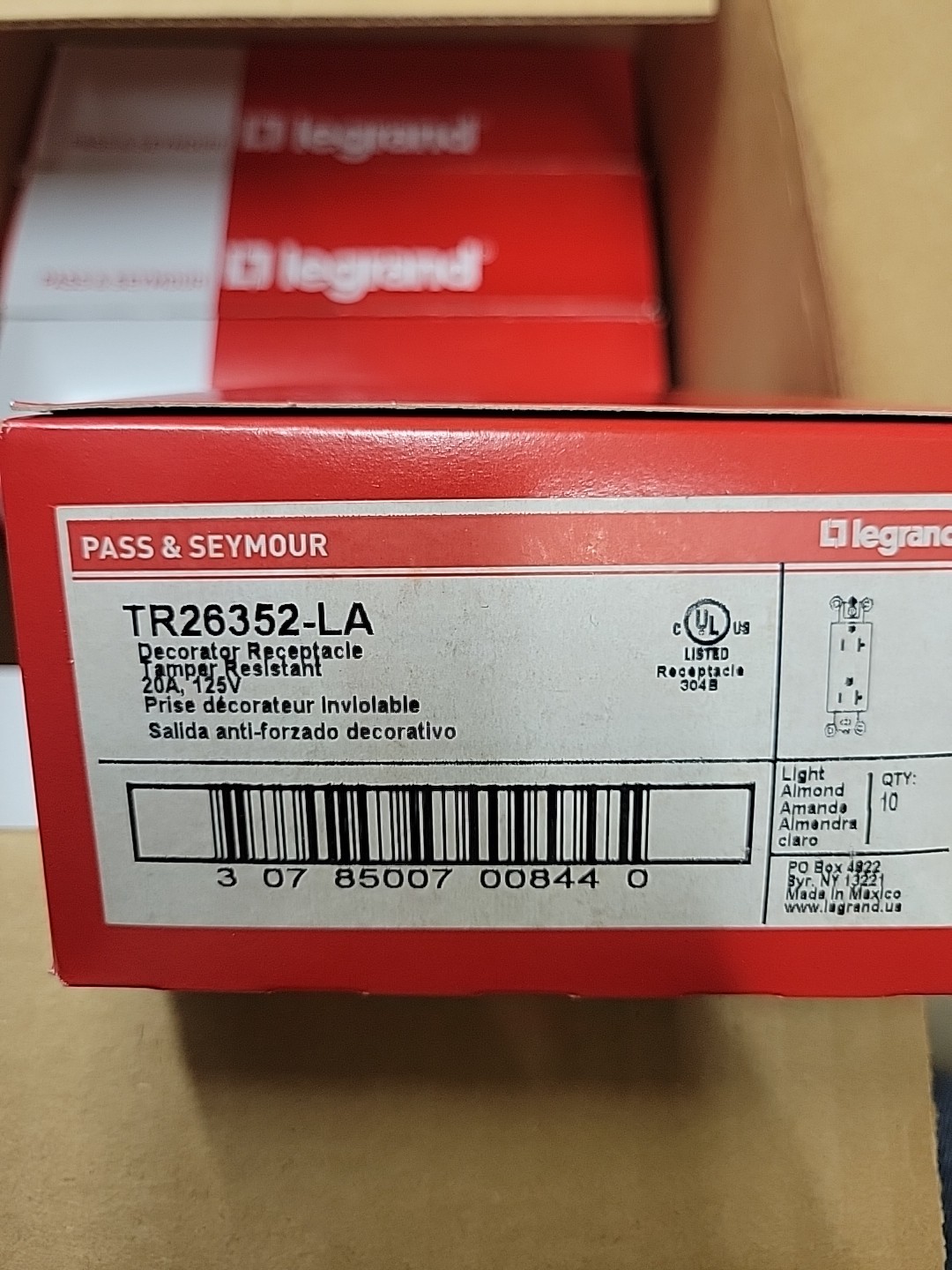 10! P&S TR26352-LA Lt Almond Tamper Resistant 20A 125V Decora Duplex Receptacle