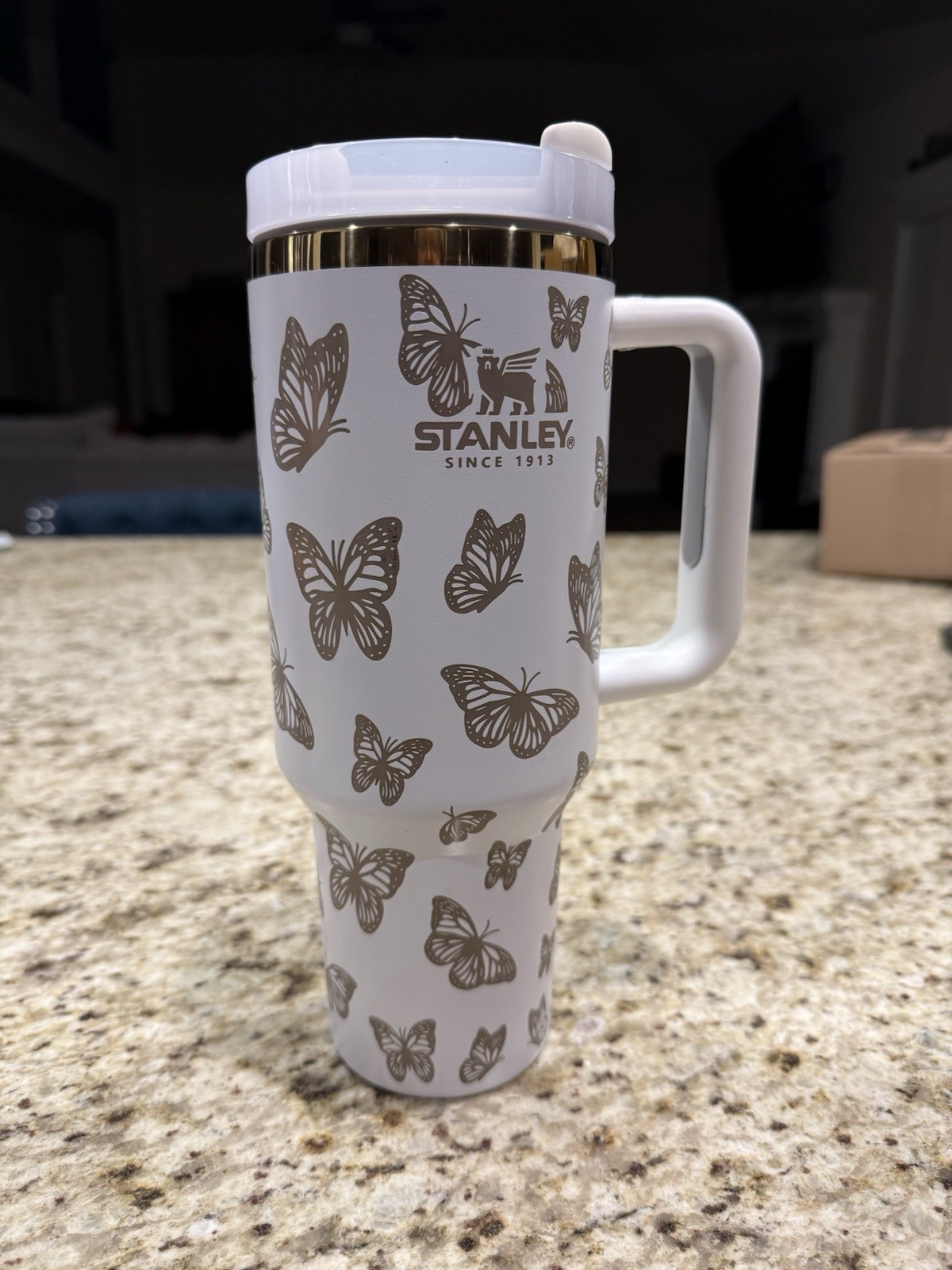 Stanley Tumbler White Gold Butterfly Pattern Handle Slide Lock Lid Insulated