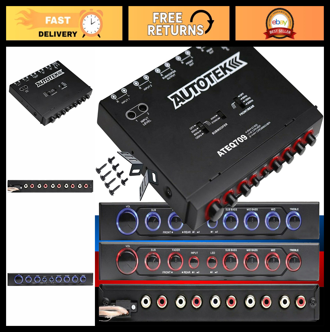 4-Band Audio Equalizer with Built-in 2-Way Crossover, 1/2 DIN, 9V, Active Crosso