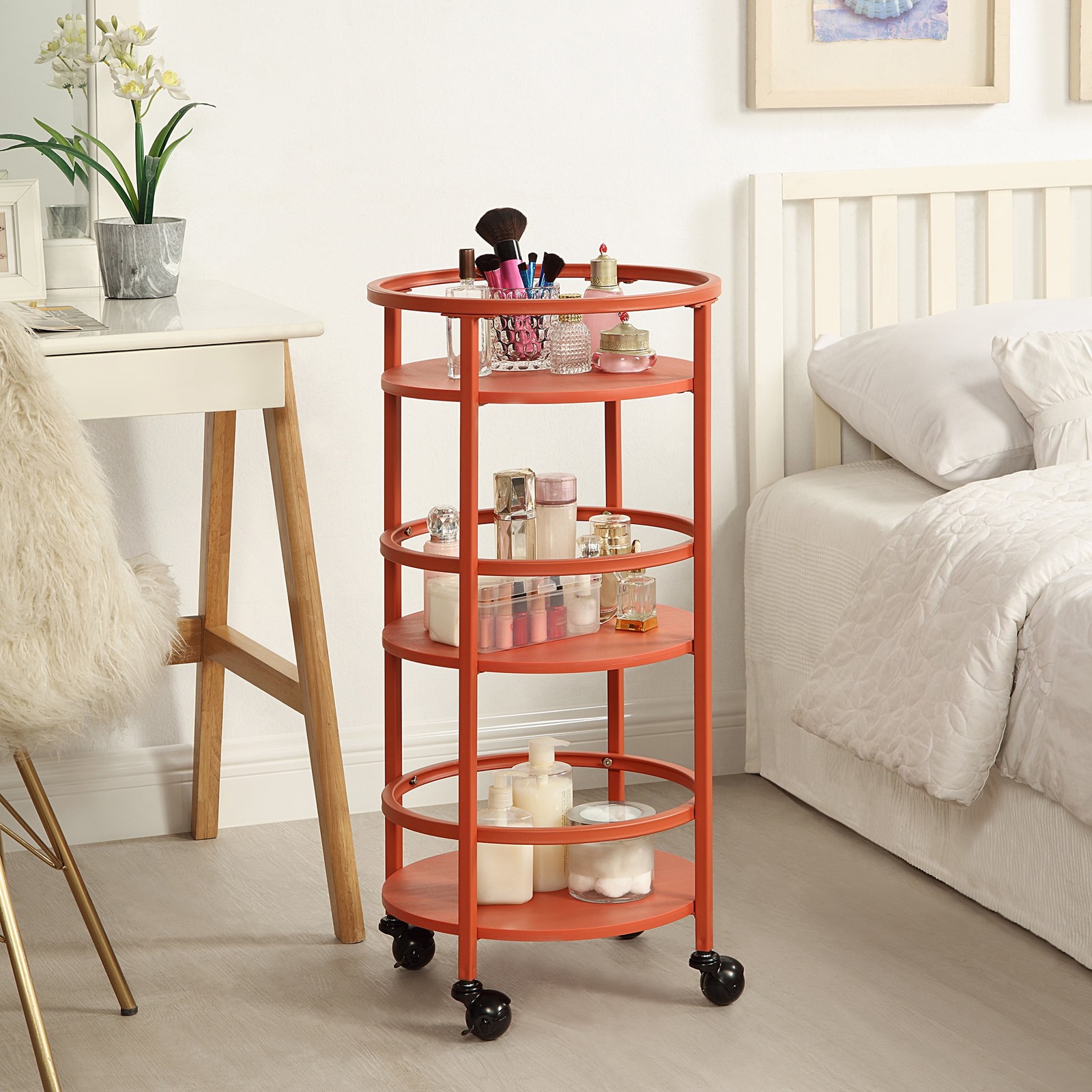 32" 3-Tier Rolling Round Kitchen Storage Bar Cart, Red