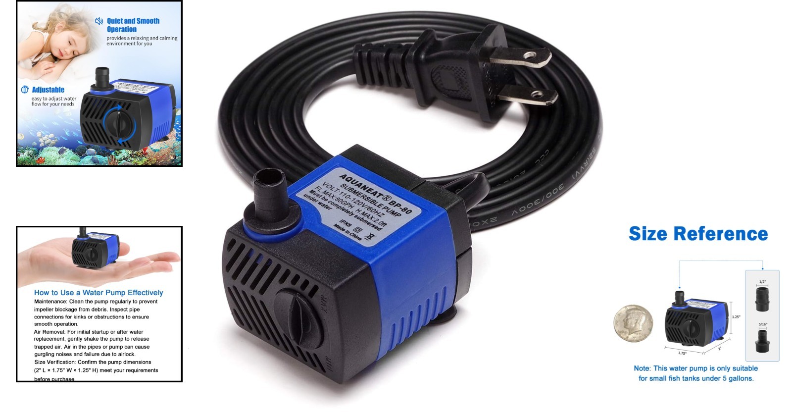 Adjustable 80 GPH Submersible Pump - Perfect for Aquariums & Hydroponic Systems