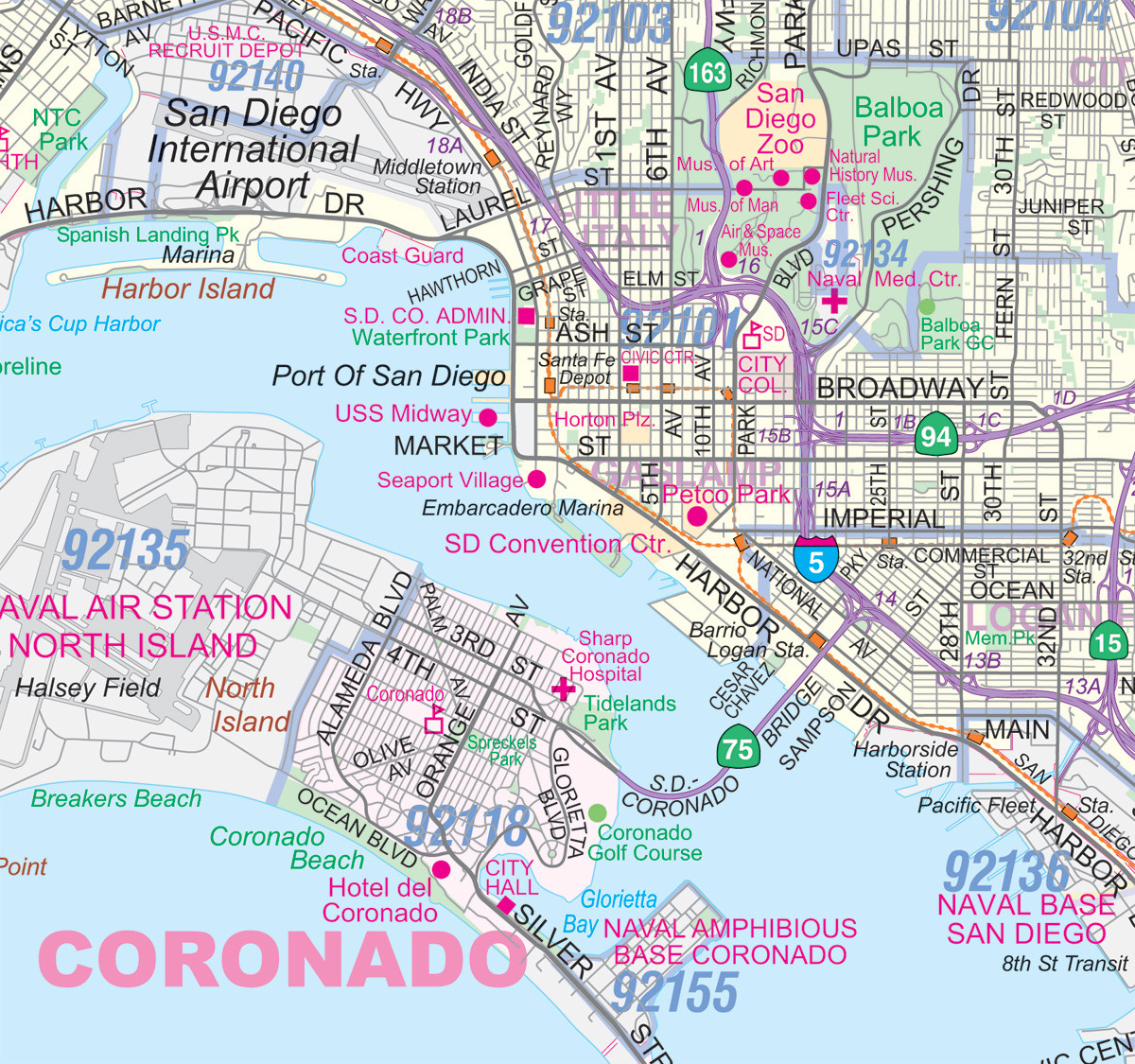 Greater San Diego CA Detailed Region Wall Map w/Zip Codes