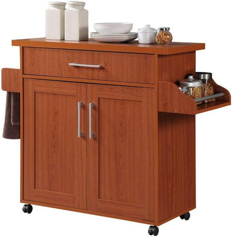 Kitchen Island with Spice Rack, Towel Rack & Drawer, Cherry