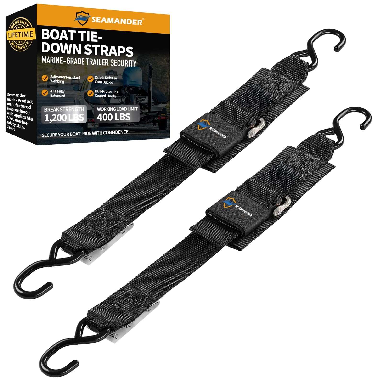 Seamander Transom Tie Down Straps 2 Inch x 4 Feet, 2"W*48"L, Black(S-Hooks)